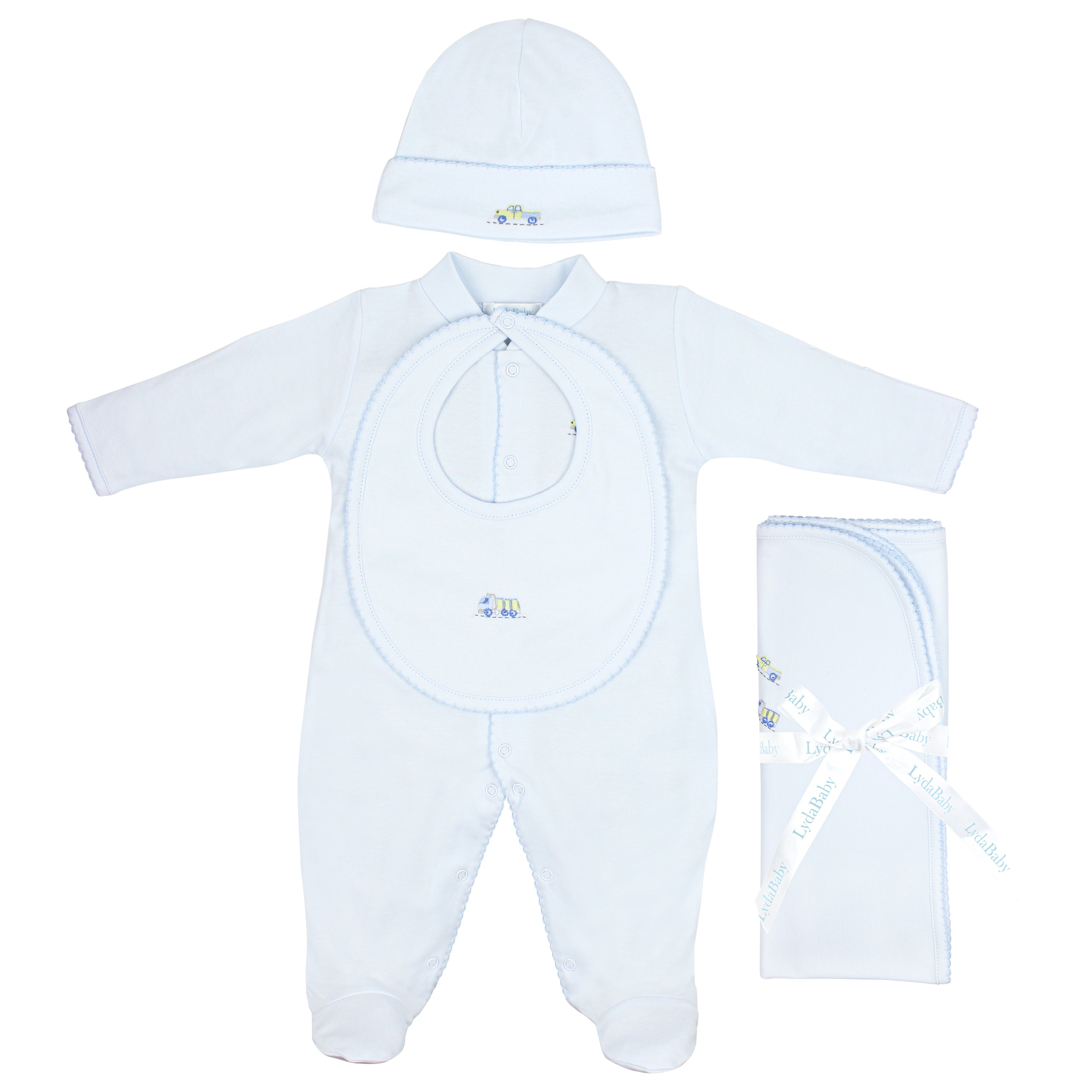 4-piece baby boy gift set in ultra-soft Peruvian Pima cotton with hand-embroidered car design — includes footie, hat, blanket, and bib for a luxurious newborn layette.