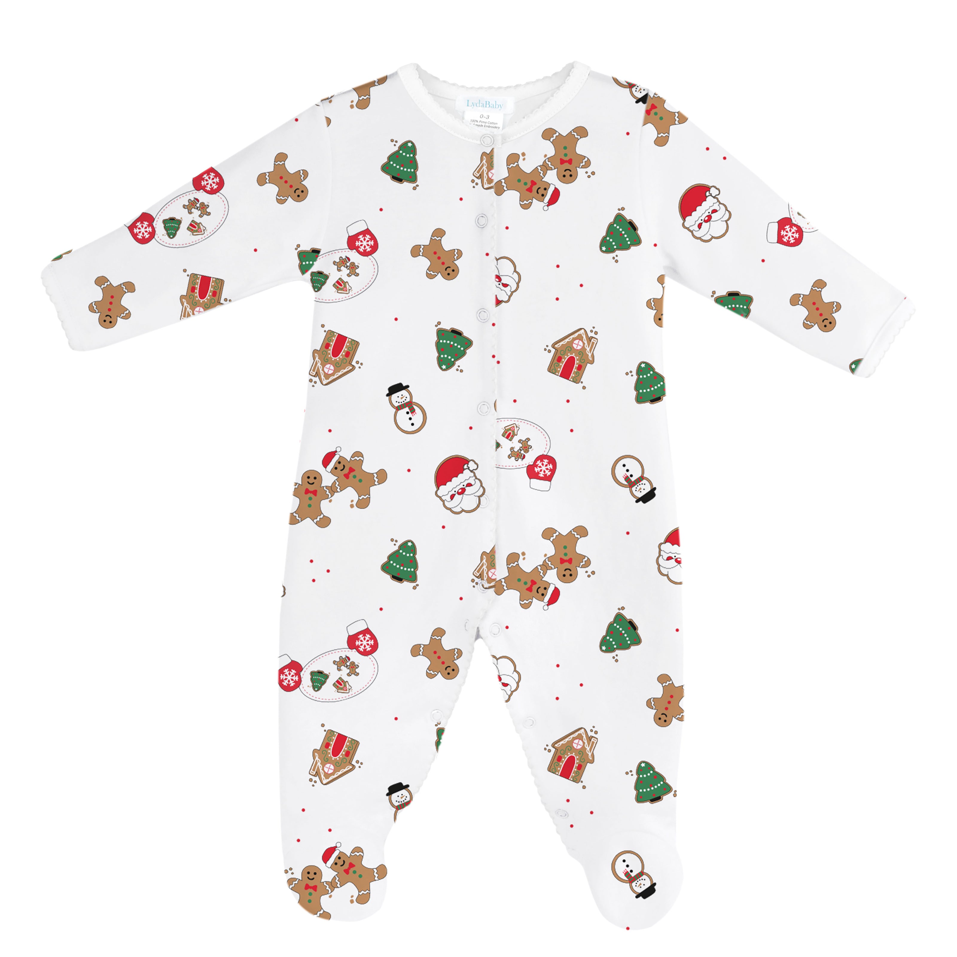 Unisex Christmas footie for baby in Peruvian Pima cotton with gingerbread, Santa, and holiday treats print, long sleeves, and closed feet.