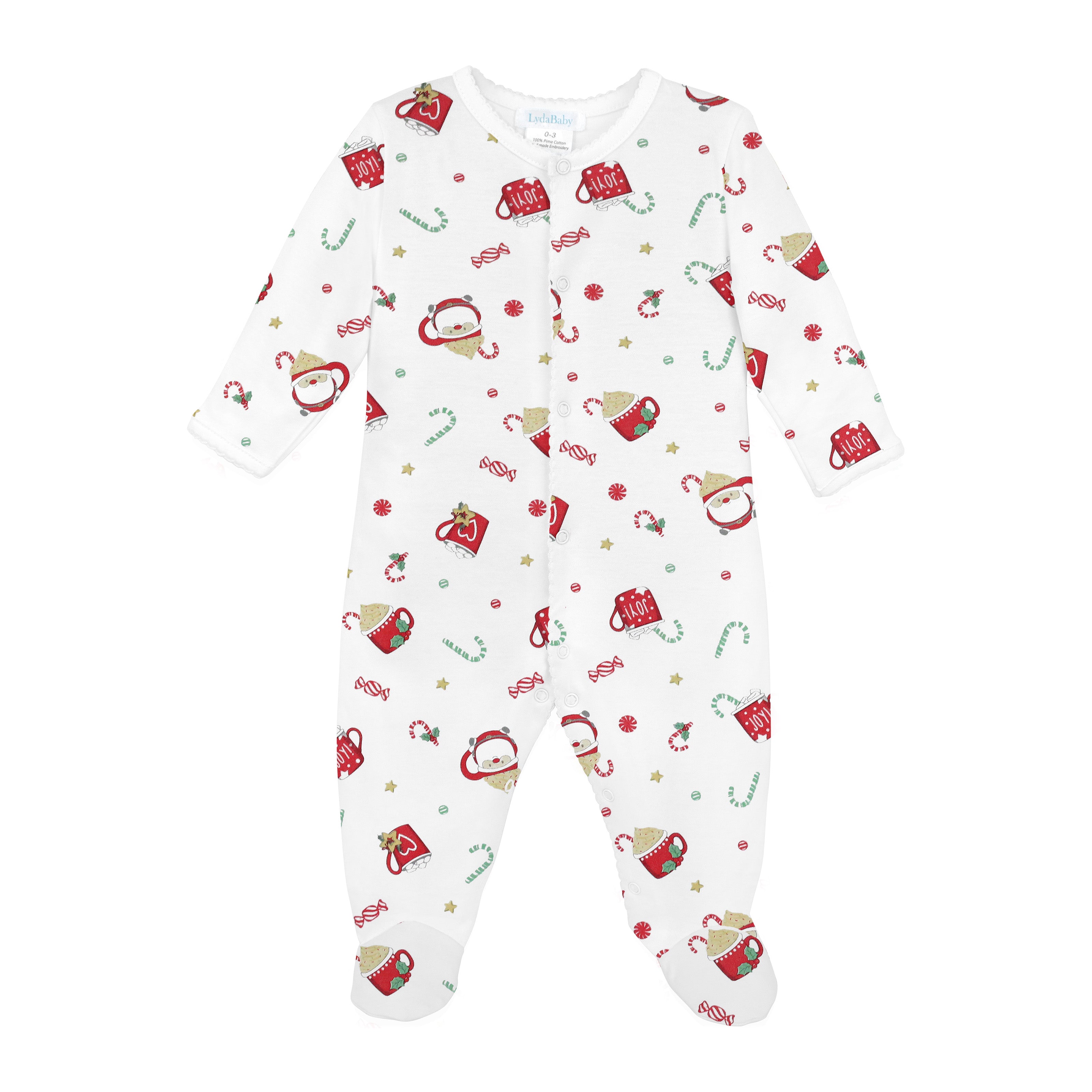 Unisex Christmas footie in Peruvian Pima cotton with festive holiday mugs print, long sleeves, and closed feet.