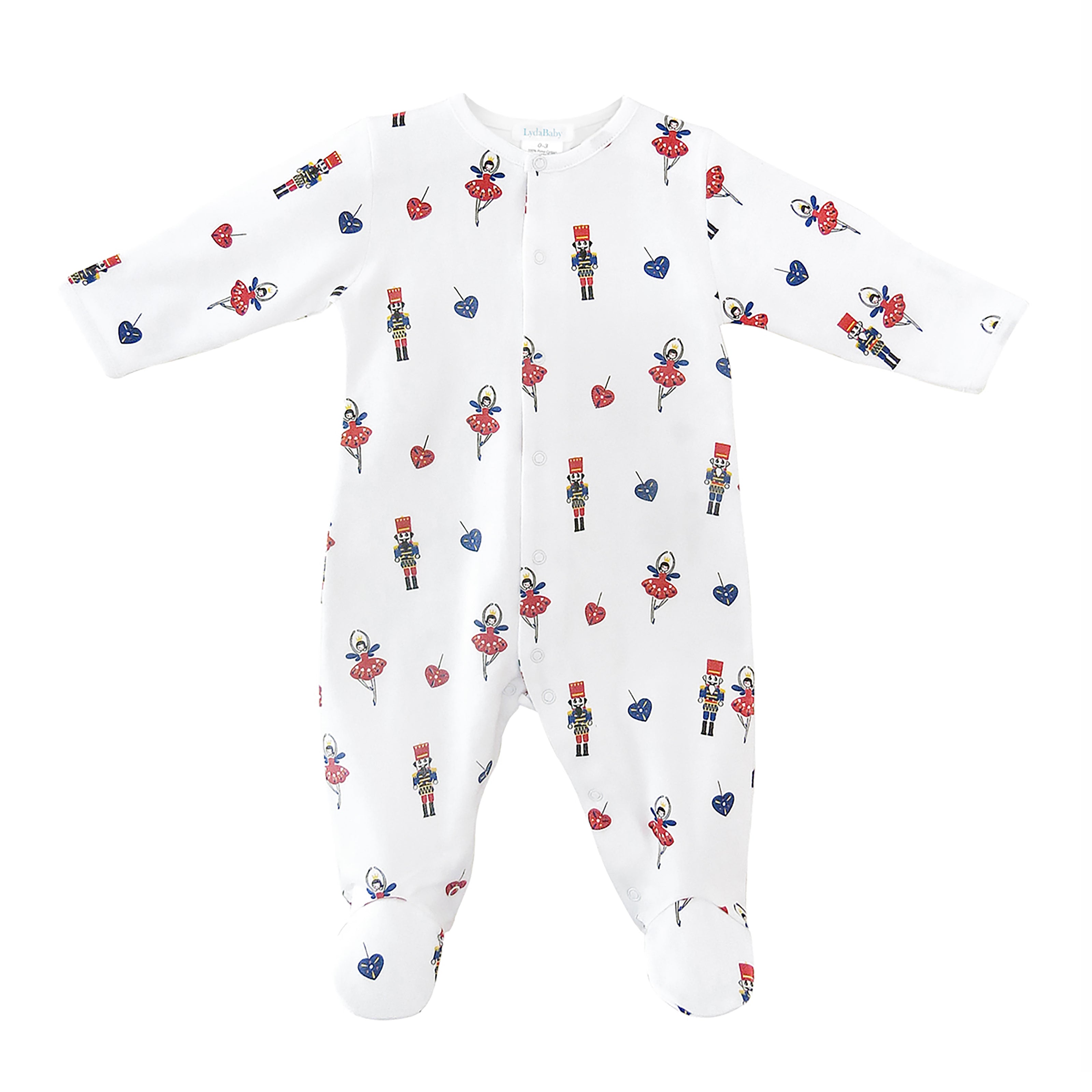 Baby Christmas footie in Peruvian Pima cotton with nutcracker and ballerina print, long sleeves and closed feet.