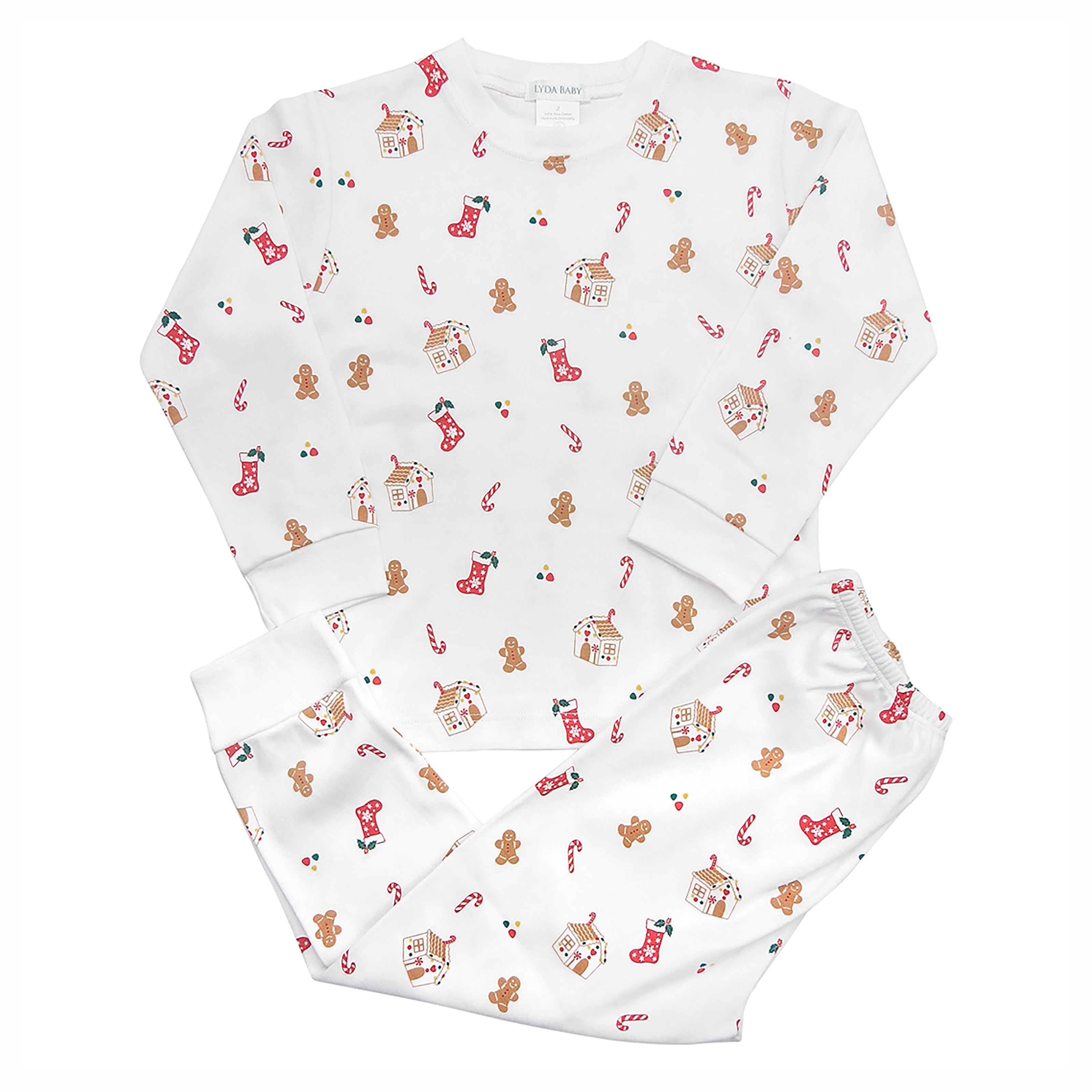 Unisex Christmas pajama set in Peruvian Pima cotton, white with gingerbread houses, cookies, stockings, candy canes print and red crochet trim on collar and cuffs.