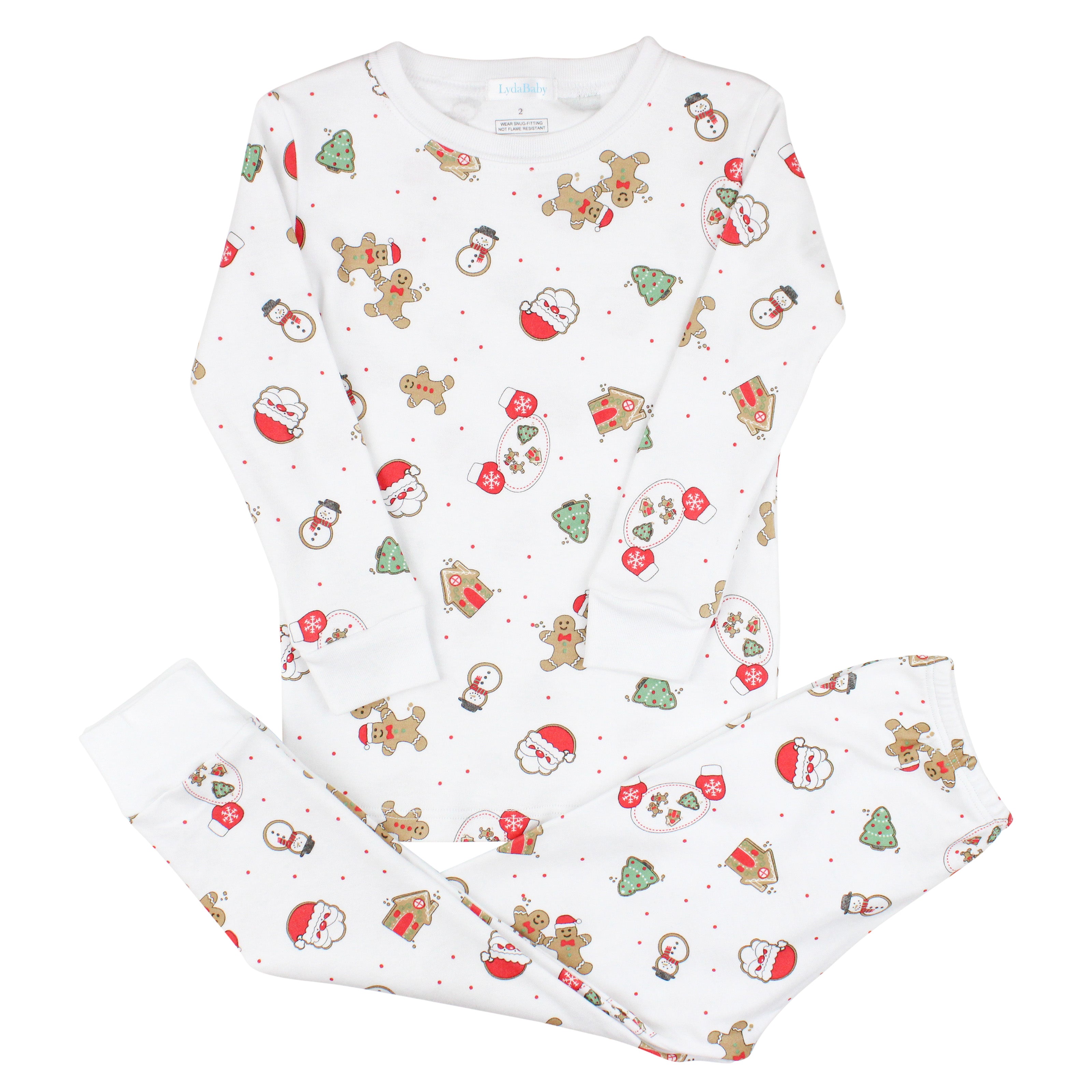 Unisex two-piece Christmas pajamas for baby in Peruvian Pima cotton with gingerbread, Santa, and holiday treats print, long-sleeve top and pants.