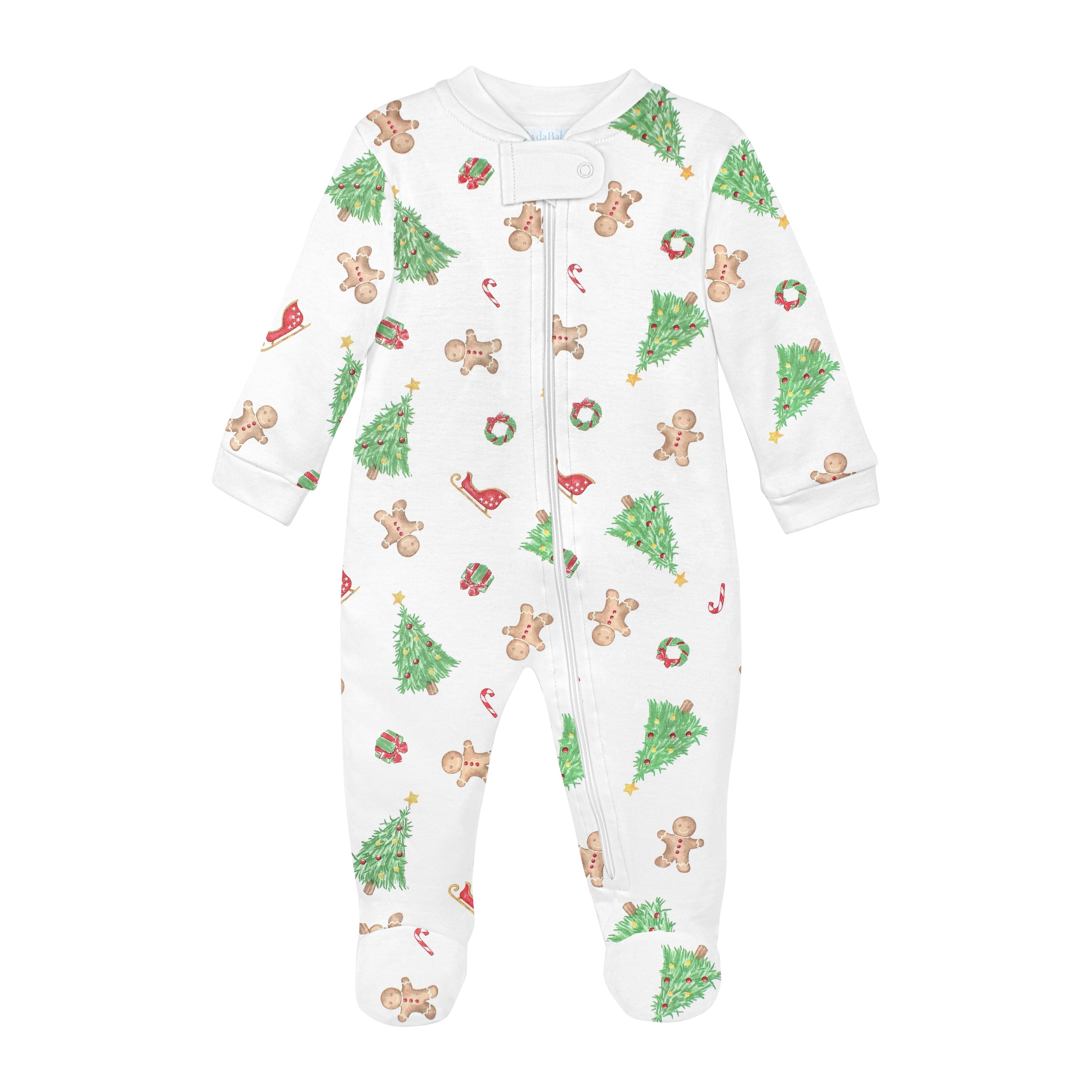 Unisex baby Christmas zipper, long-sleeve, Peruvian Pima cotton, holiday print with trees, Santa’s sleigh, gingerbread cookies, and gifts.