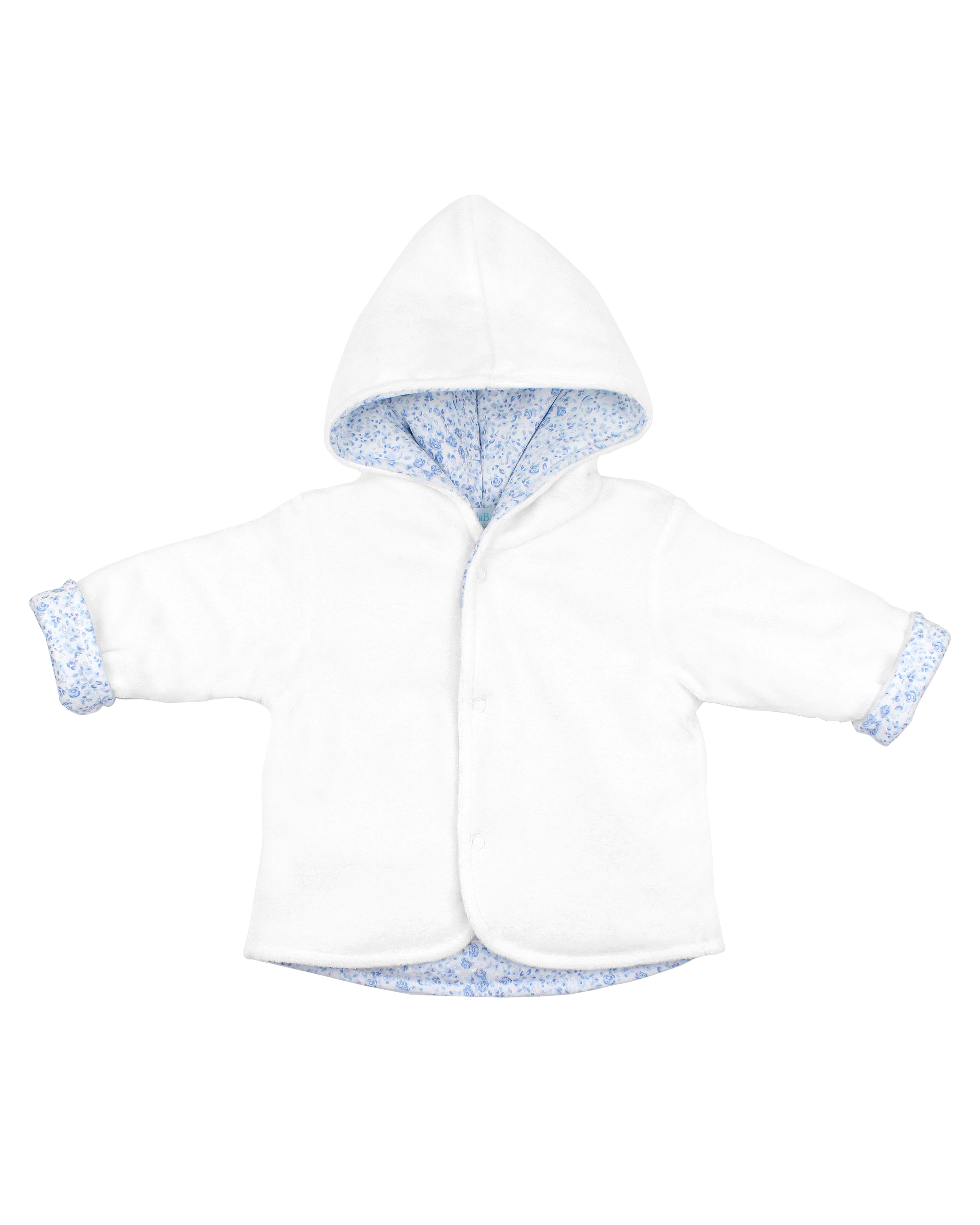 Velour baby girl jacket with floral-print lining and hood, snap closures, and soft texture — cozy and stylish outerwear for cooler days.