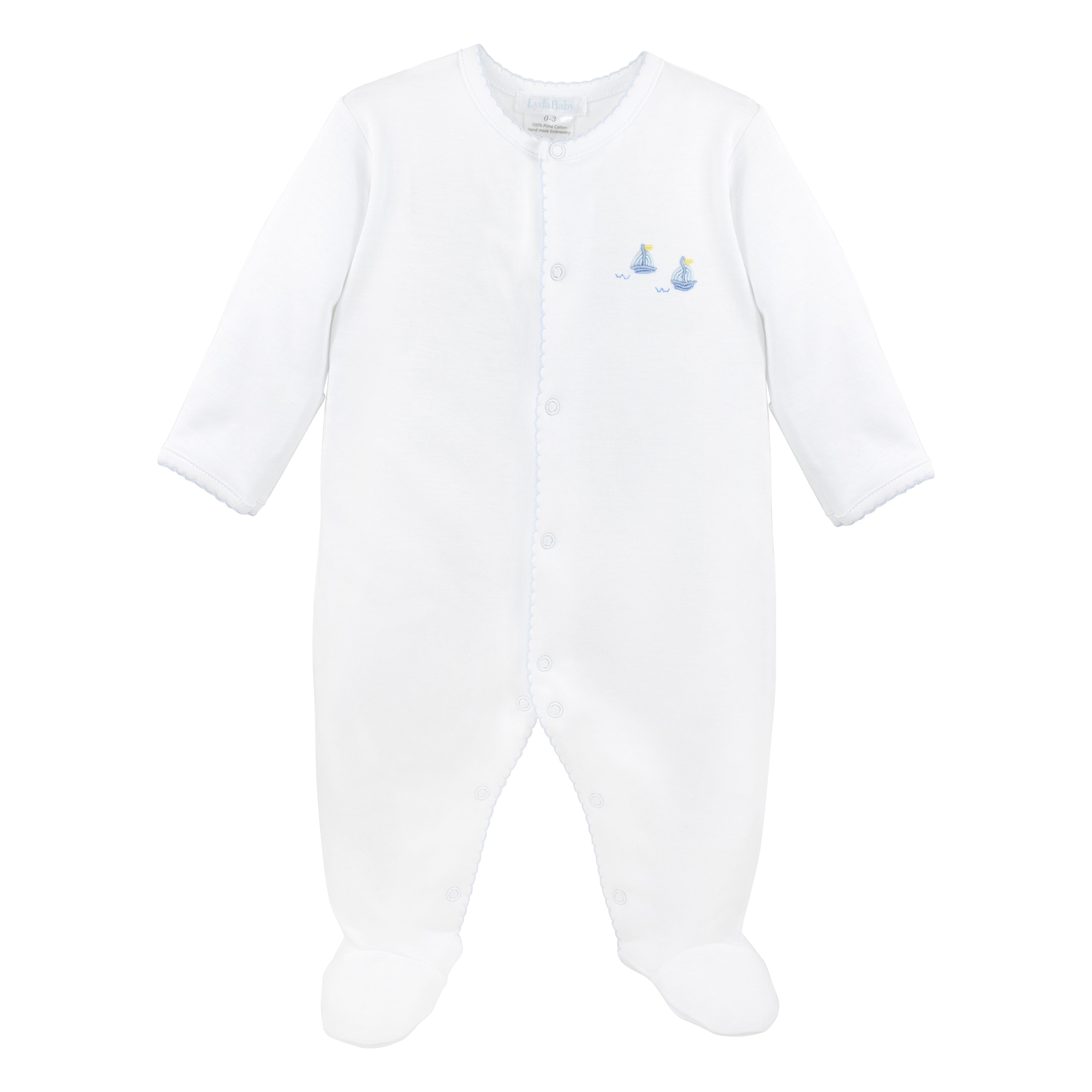 Luxury baby boy footie in Peruvian Pima cotton with hand-embroidered sailing boats on the chest