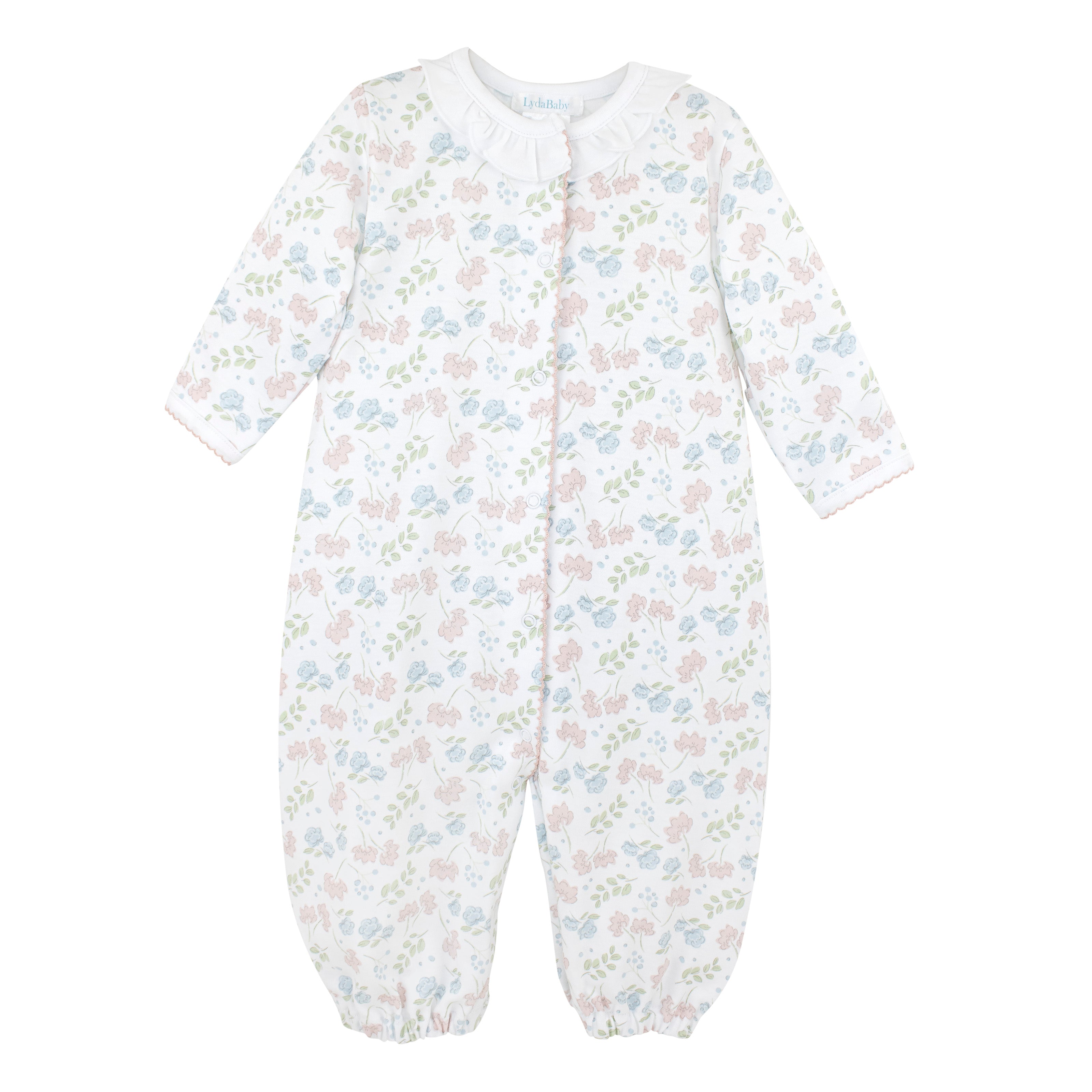 Luxury newborn converter gown featuring assorted floral leaves print crafted from premium Peruvian Pima cotton for ultimate softness and comfort.
