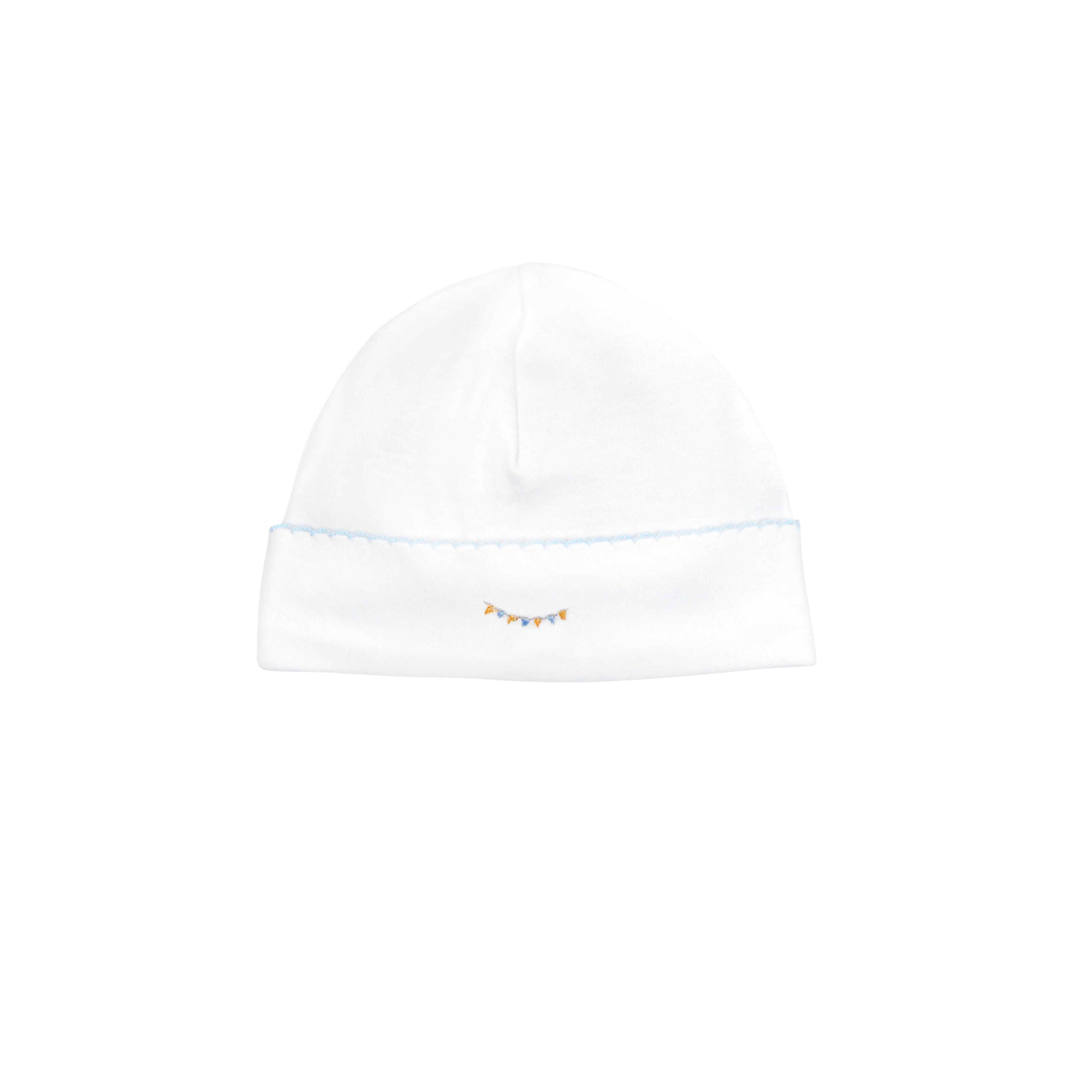  Delicate fly away motif hand-embroidered on baby boy hat crafted from organic Peruvian Pima cotton — breathable, soft, and gentle.
