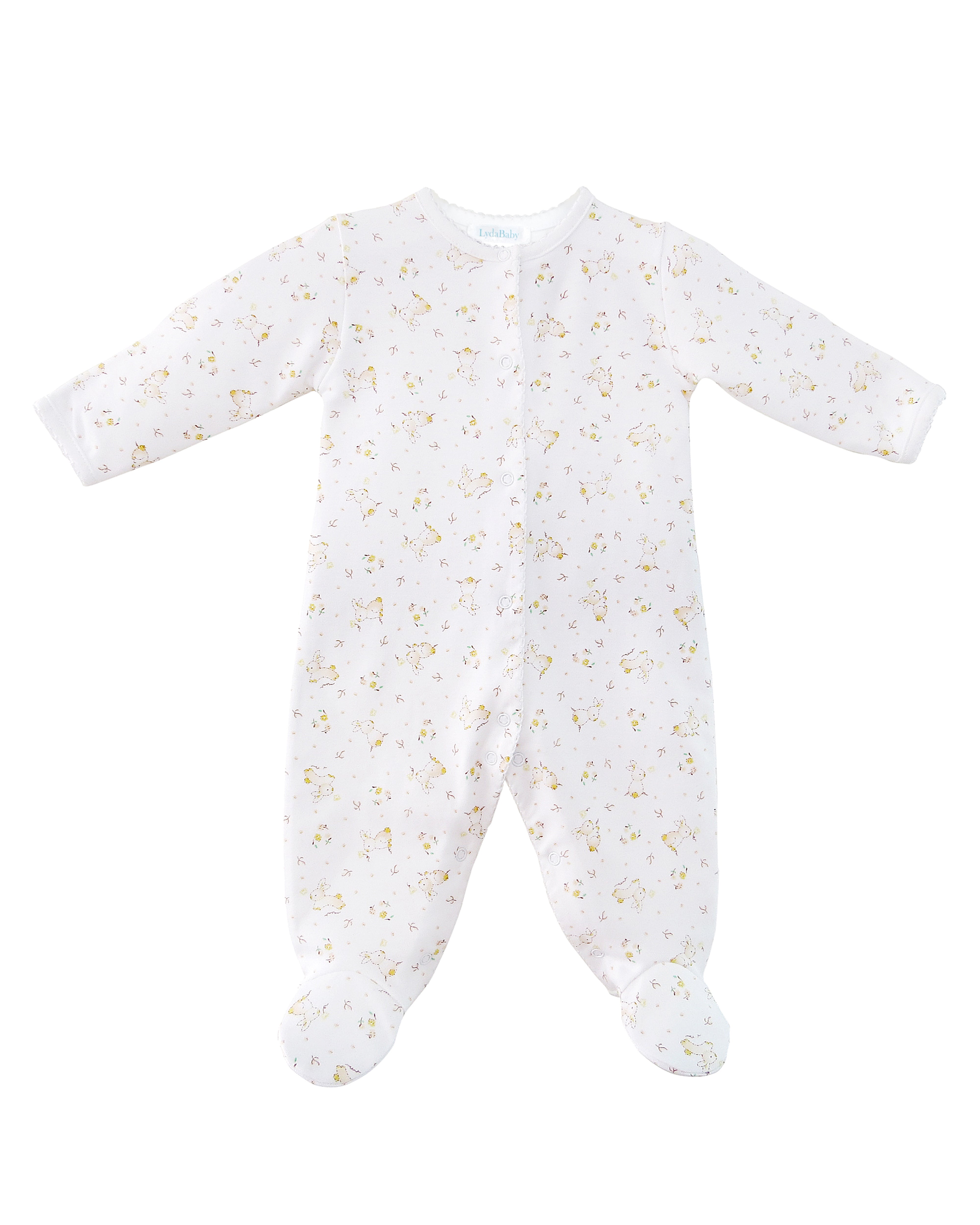 Unisex baby footie with Baby Bunny print, made from ultra-soft Peruvian Pima cotton – breathable, hypoallergenic, and ideal for newborns