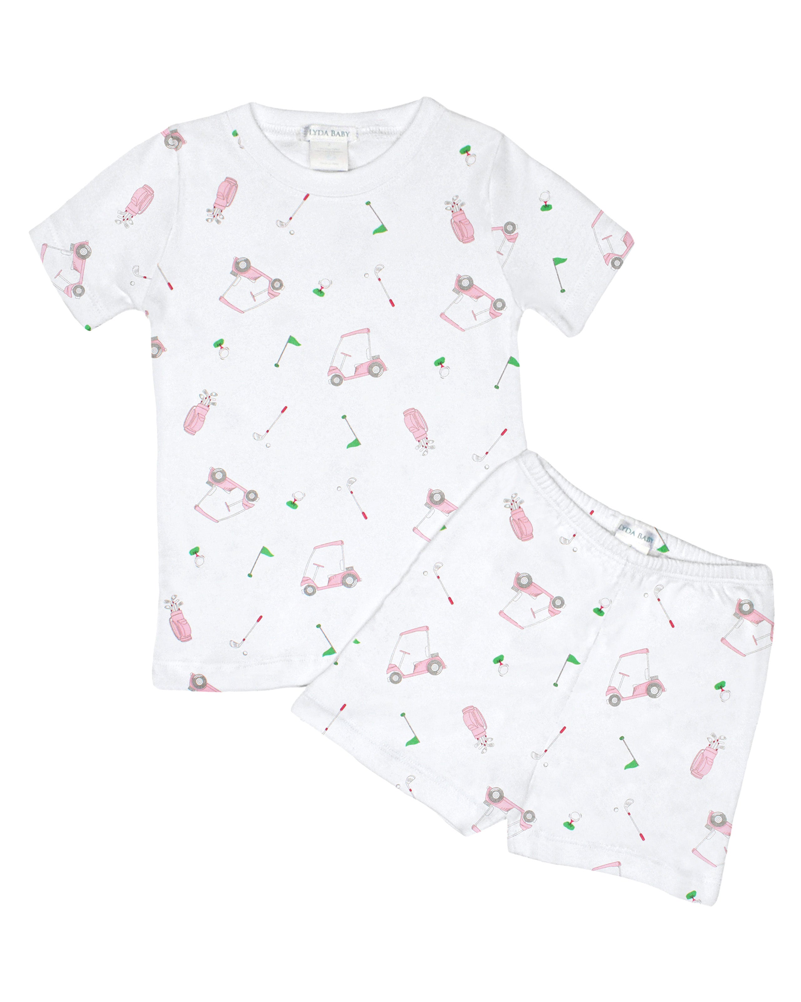 Summer pajama set with short pants for baby girl in printed Peruvian Pima cotton featuring 'Golf game' design — ultra-soft, breathable, and hypoallergenic sleepwear, ideal for luxury boutique baby clothes.