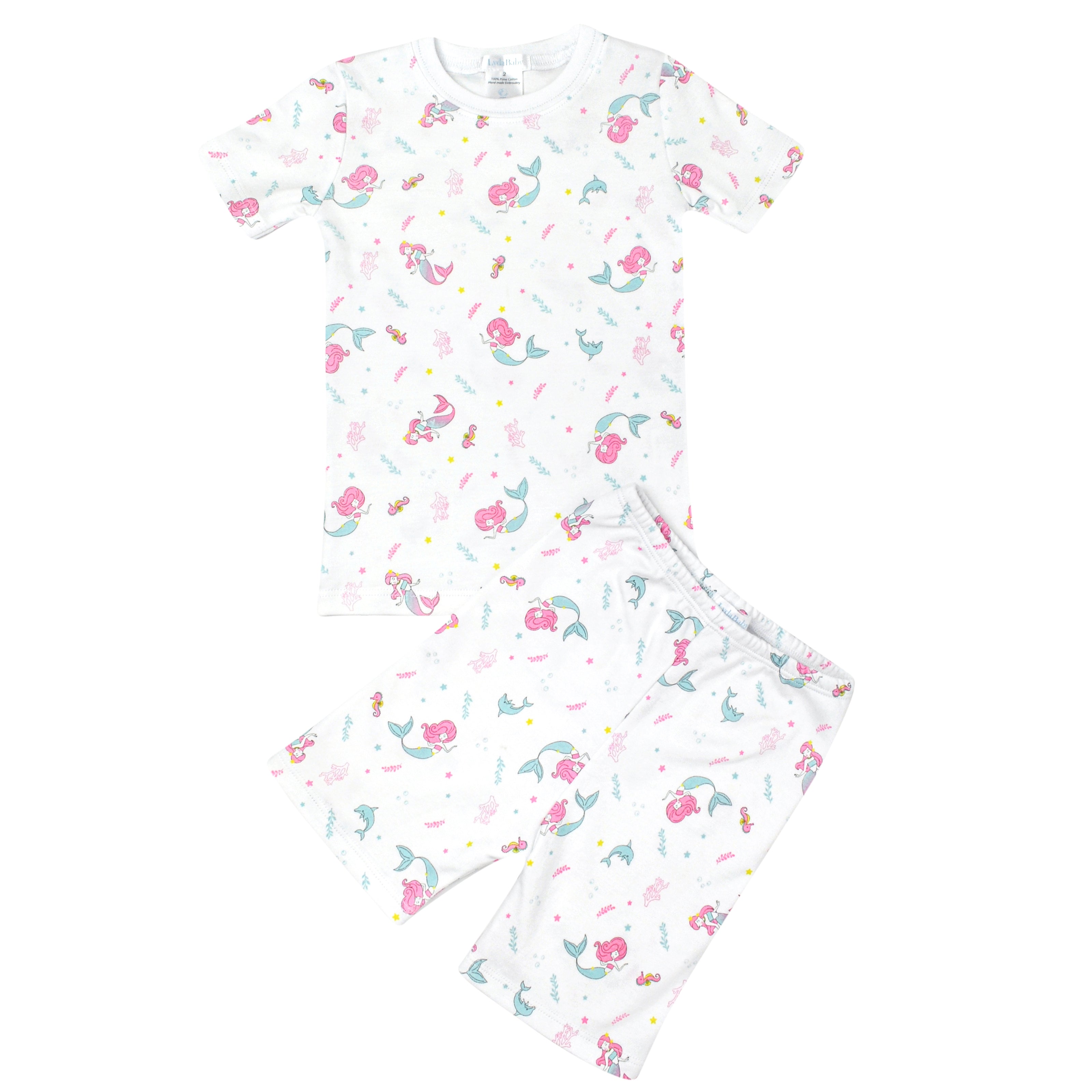 Summer pajama set with short pants for baby girl in printed Peruvian Pima cotton featuring 'Little mermaids' design — ultra-soft, breathable, and hypoallergenic sleepwear, ideal for luxury boutique baby clothes.