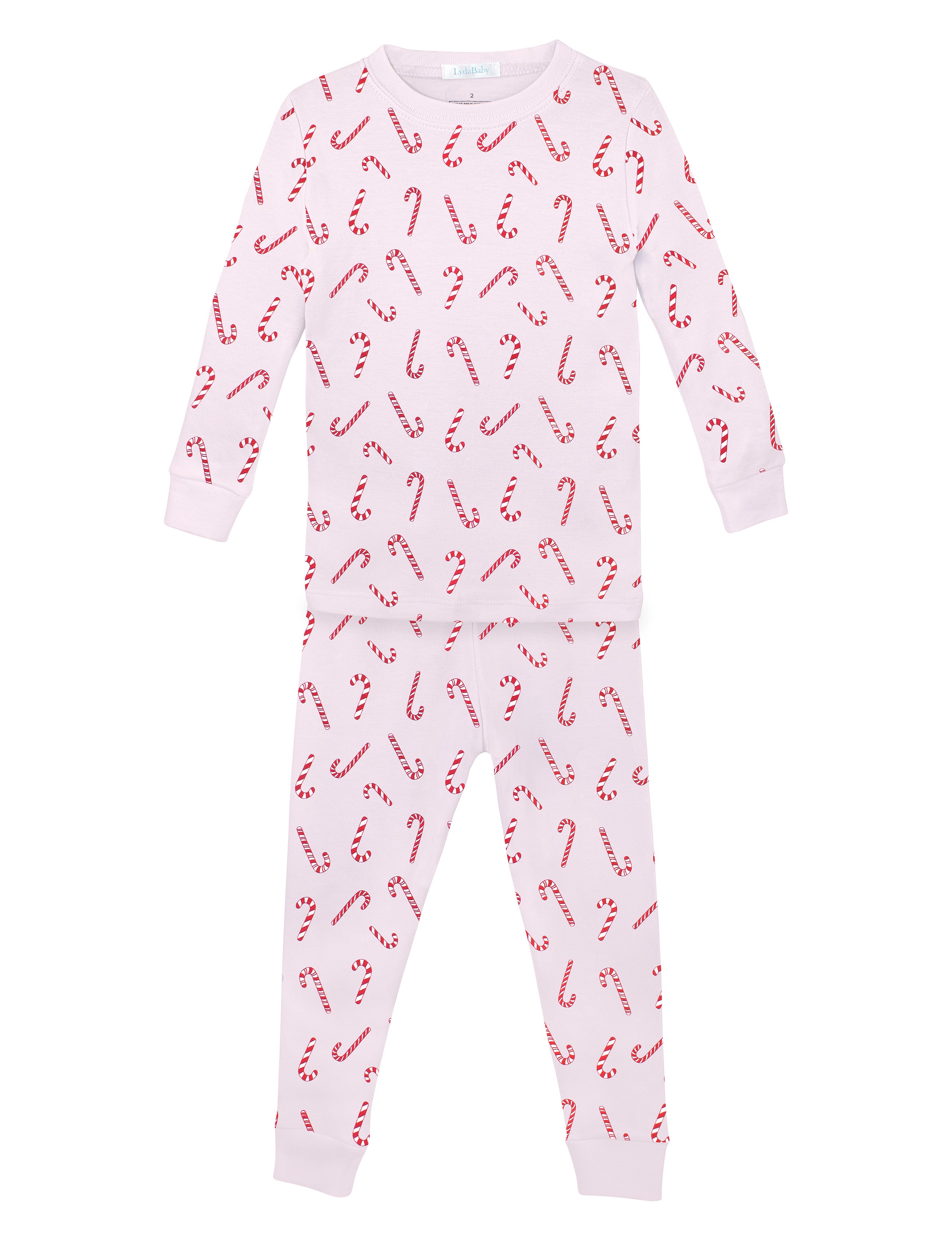 Pink two-piece Christmas pajama set for girls, made of Peruvian Pima cotton, with red candy cane print on top and pants.