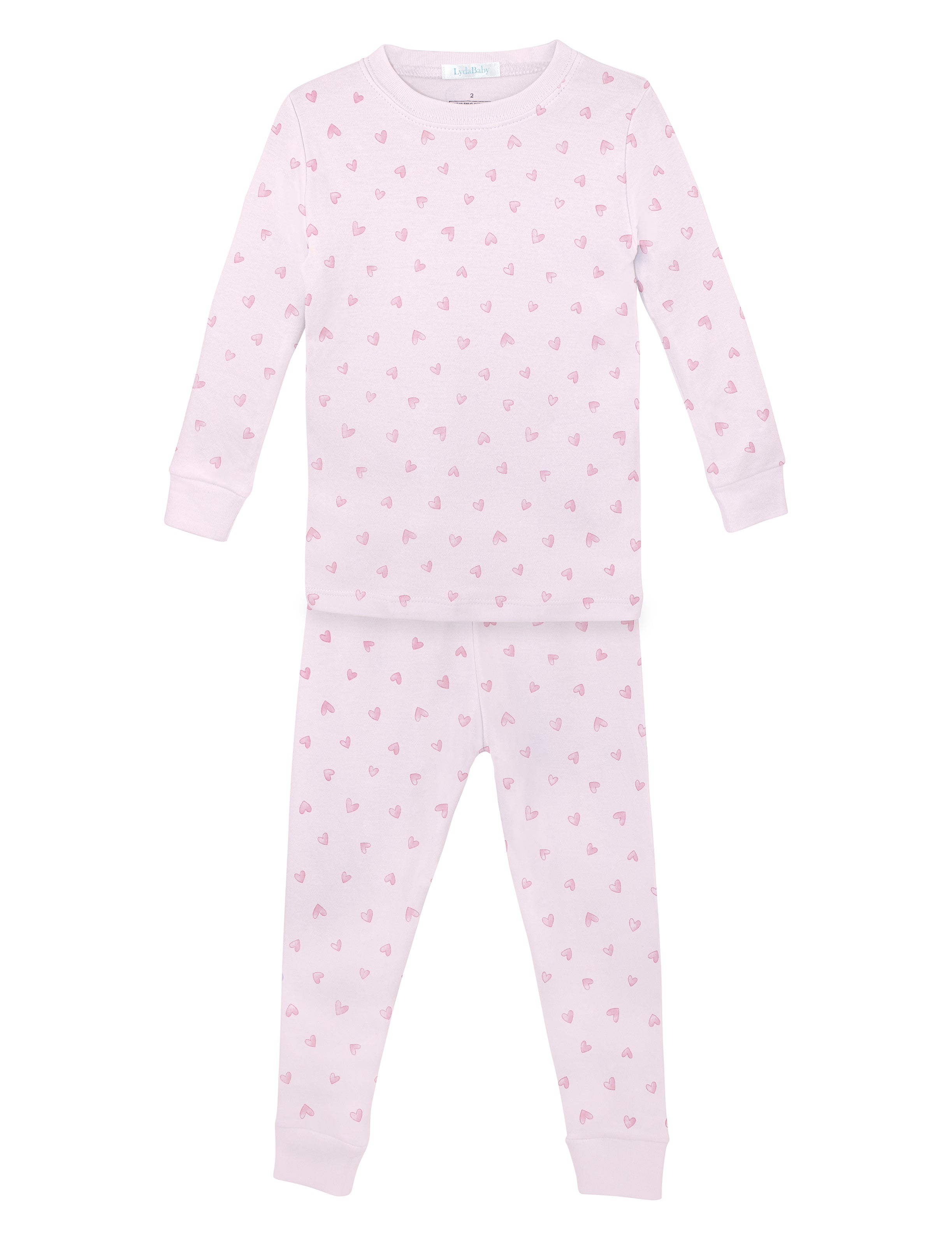Pink two-piece pajama set for girls in Peruvian Pima cotton, with small red watercolor heart print on top and pants.