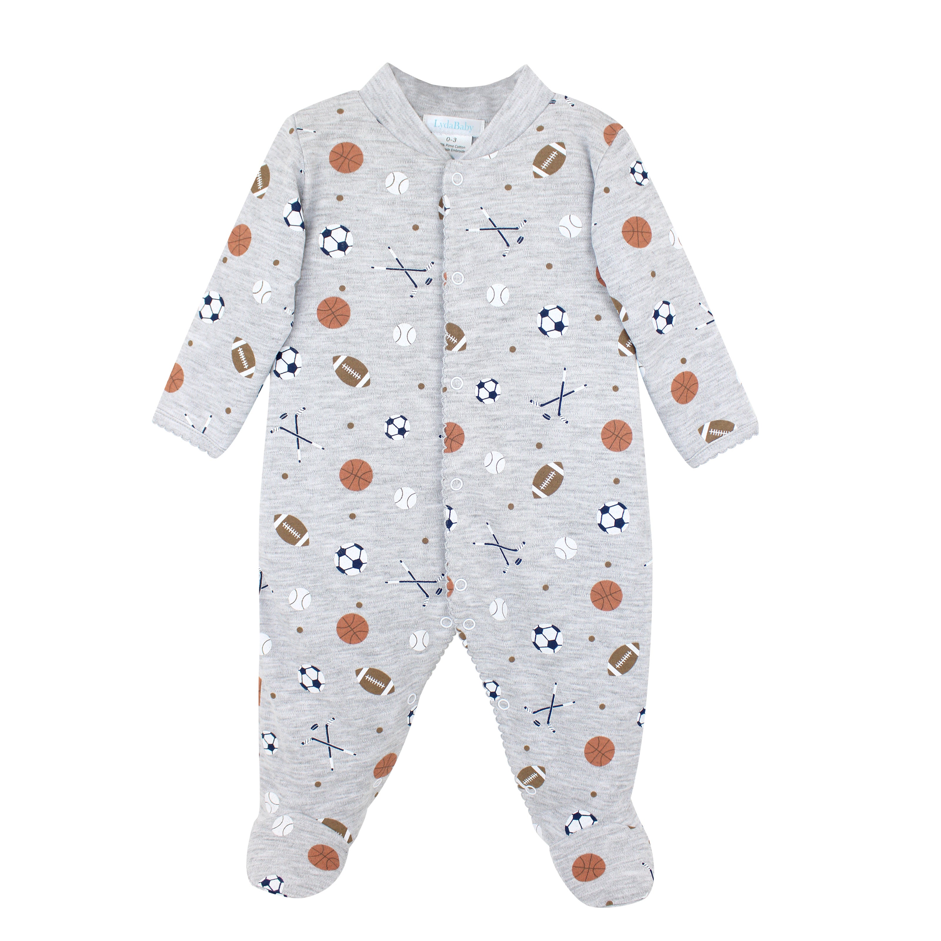 Soft gray baby boy footie featuring colorful sports balls print and front snap closures, crafted from premium Peruvian Pima cotton for everyday comfort and easy dressing.
