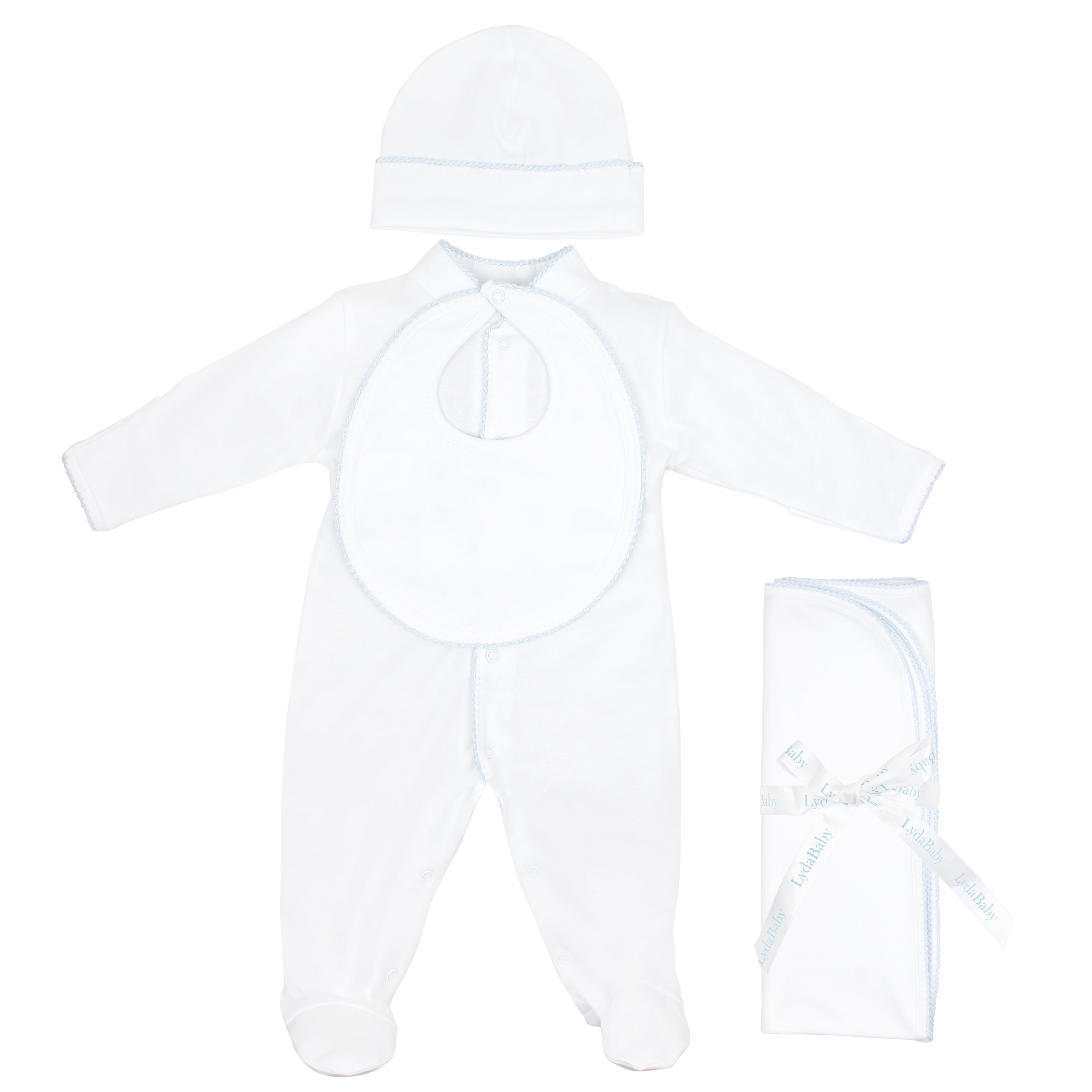 Alt Text:
4-piece baby boy set with fine hand-crocheted blue trim, crafted in premium Peruvian Pima cotton — includes footie, bib, hat, and blanket for a soft and timeless newborn outfit.