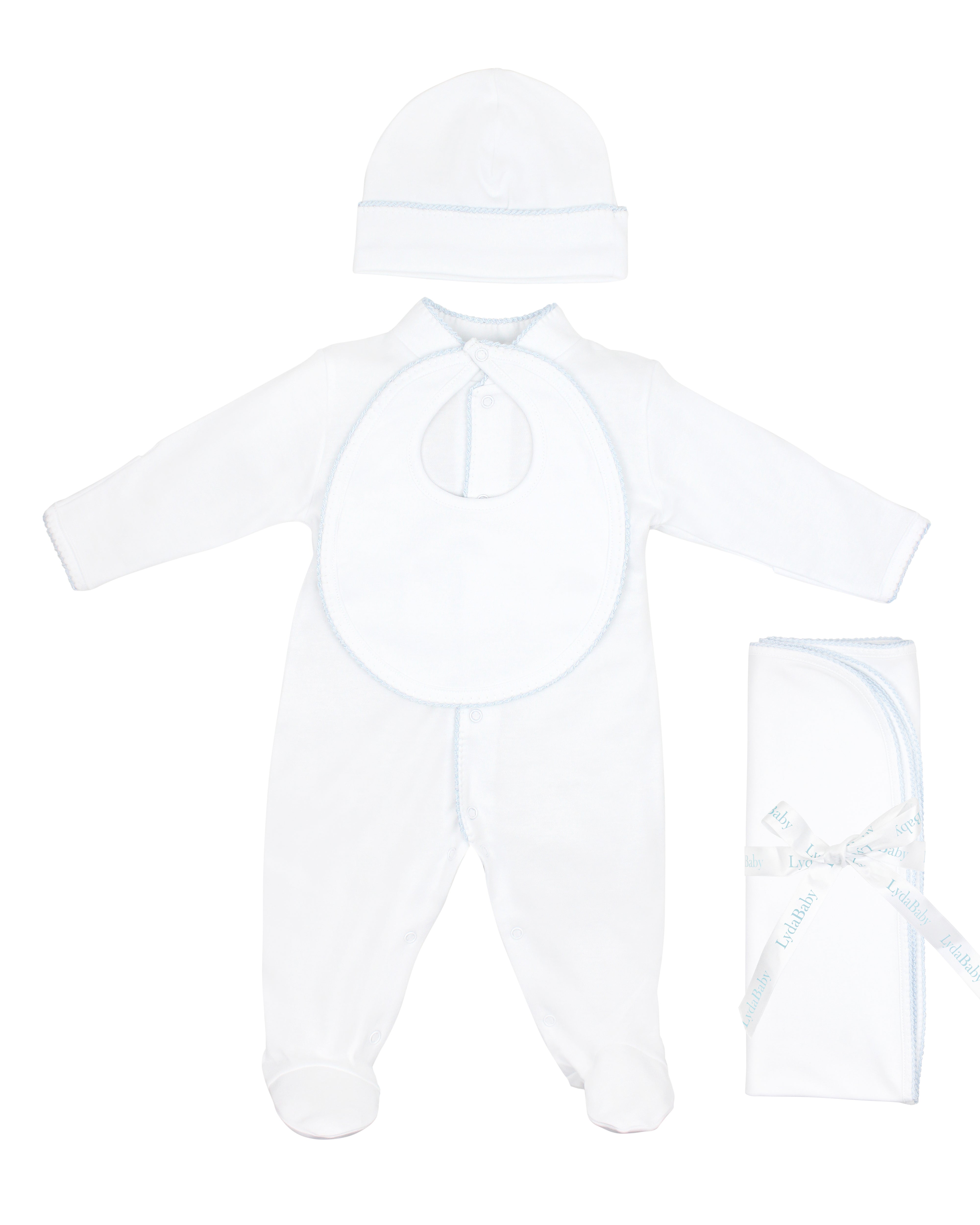 4-piece baby boy set with fine hand-crocheted blue trim, crafted in premium Peruvian Pima cotton — includes footie, bib, hat, and blanket for a soft and timeless newborn outfit.