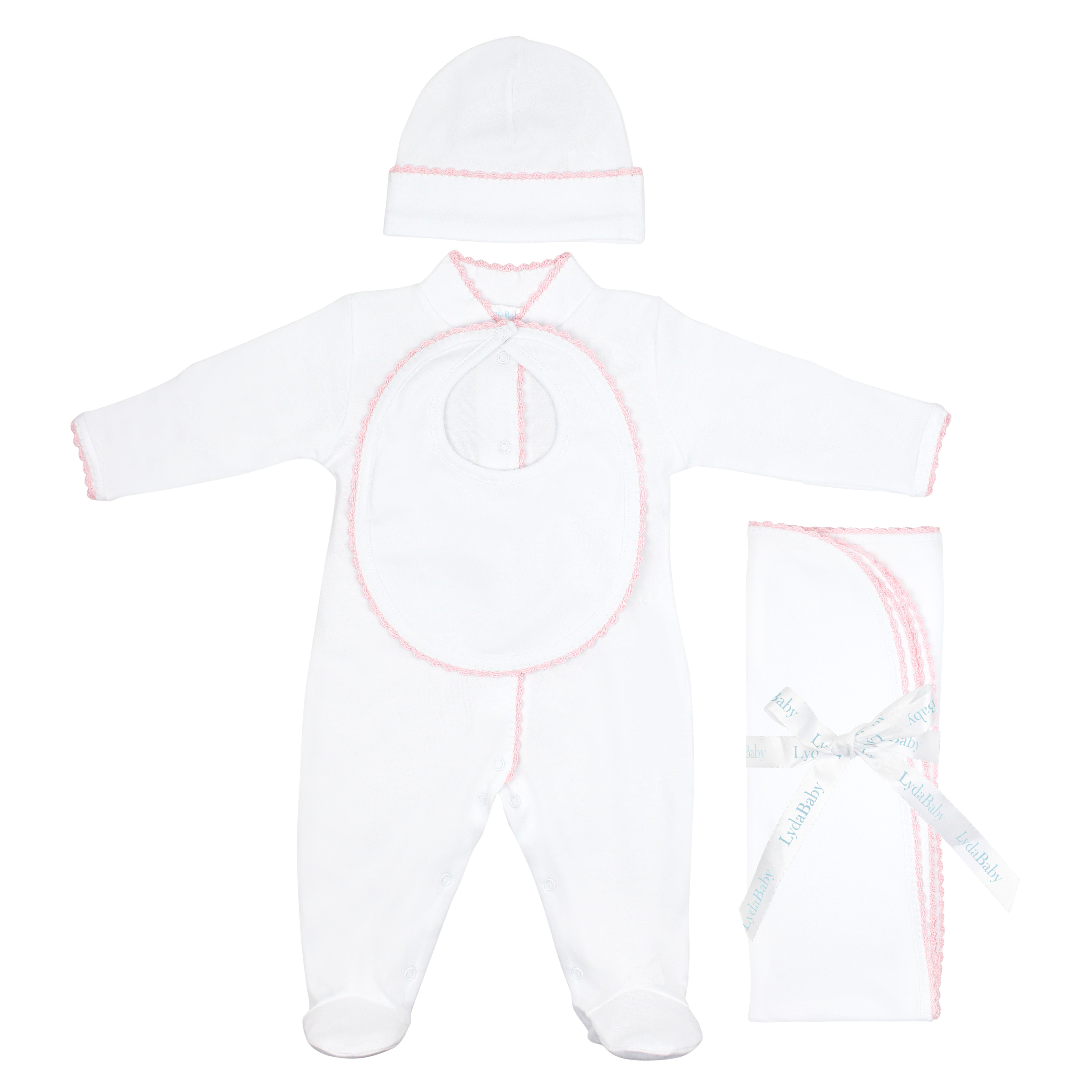 Alt Text:
4-piece baby girl set with delicate hand-crocheted pink trim, made from ultra-soft Peruvian Pima cotton — includes footie, hat, bib, and blanket for an elegant newborn gift.