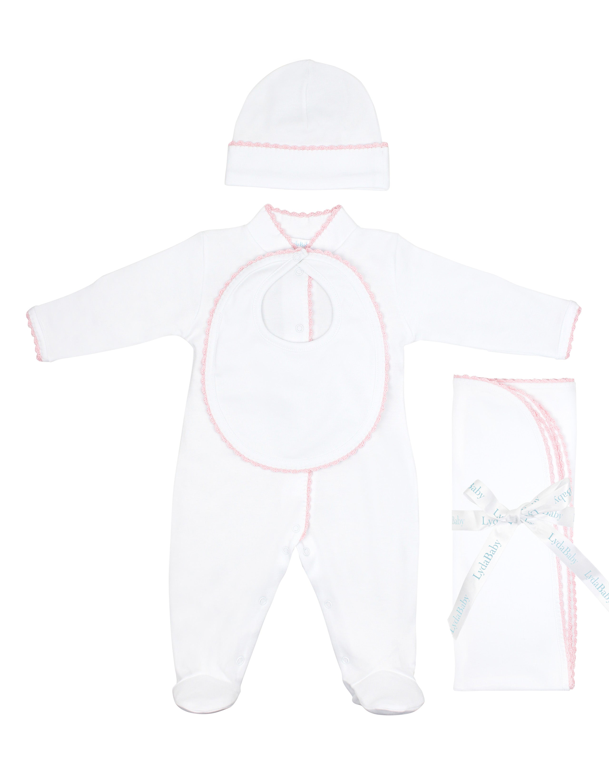4-piece baby girl set with delicate hand-crocheted pink trim, made from ultra-soft Peruvian Pima cotton — includes footie, hat, bib, and blanket for an elegant newborn gift.