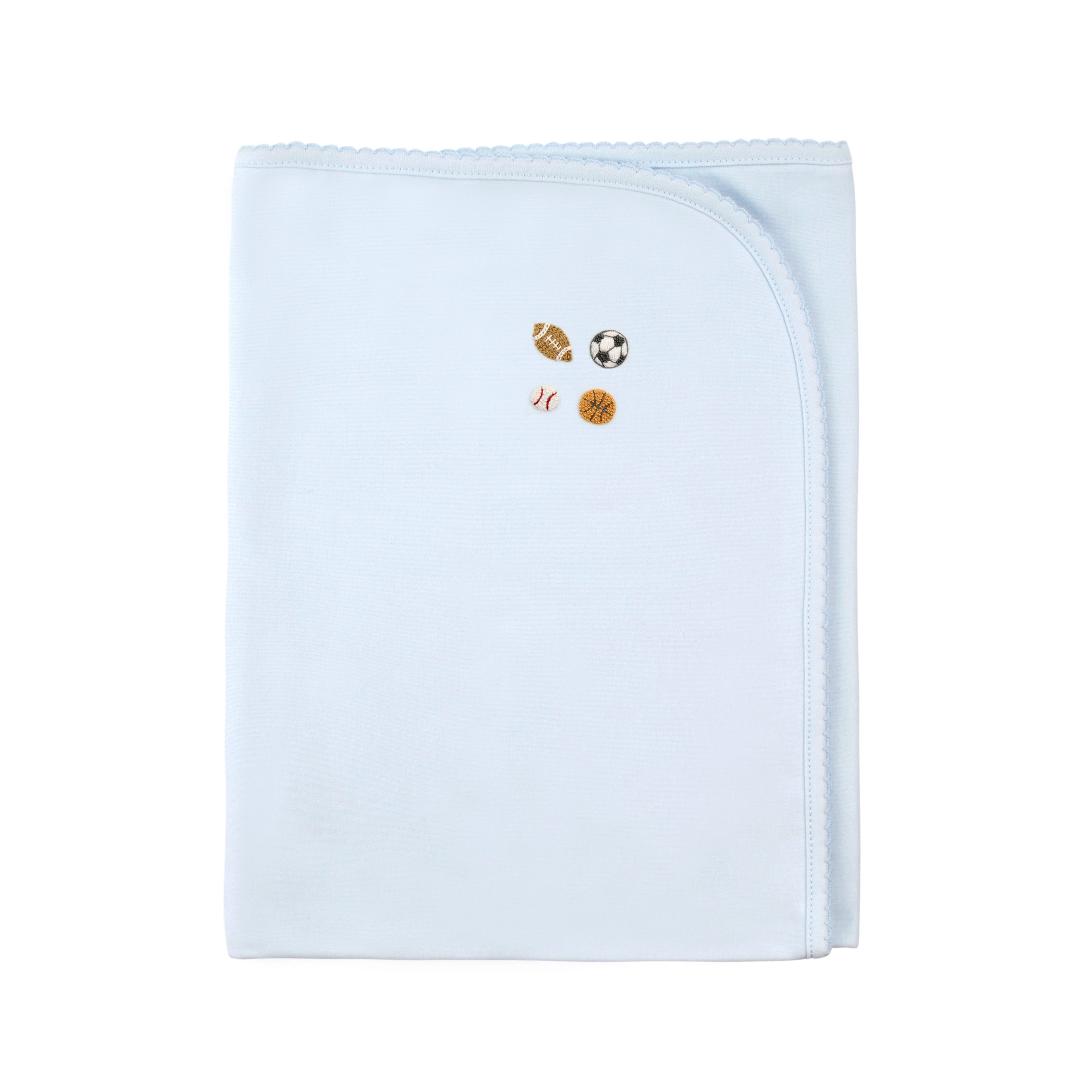  Soft baby boy blanket with sporty hand-embroidered details on organic Peruvian Pima cotton — perfect for sensitive skin.