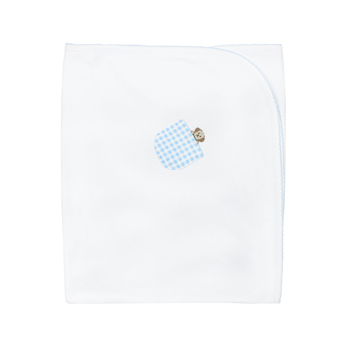  Classic baby boy blanket in Peruvian Pima cotton with hand-embroidered light blue vichy design — breathable and crafted with care.
