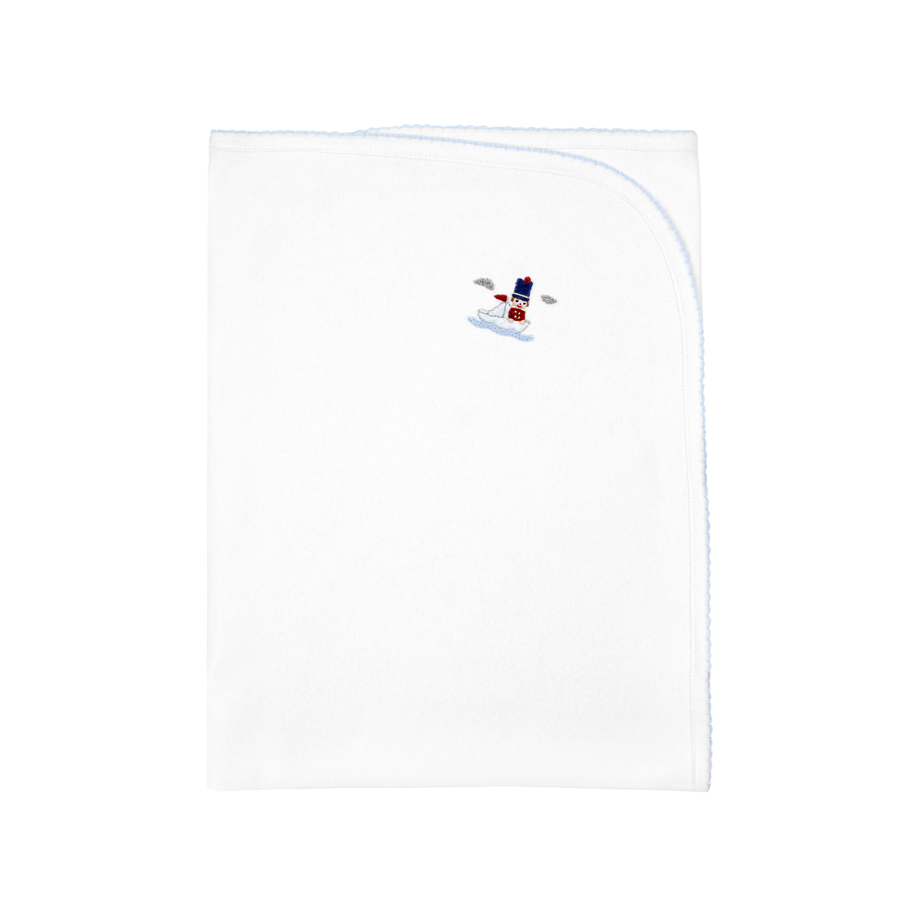  Classic baby boy blanket with hand-embroidered tin soldier on Peruvian Pima cotton — soft, breathable, and ethically crafted.