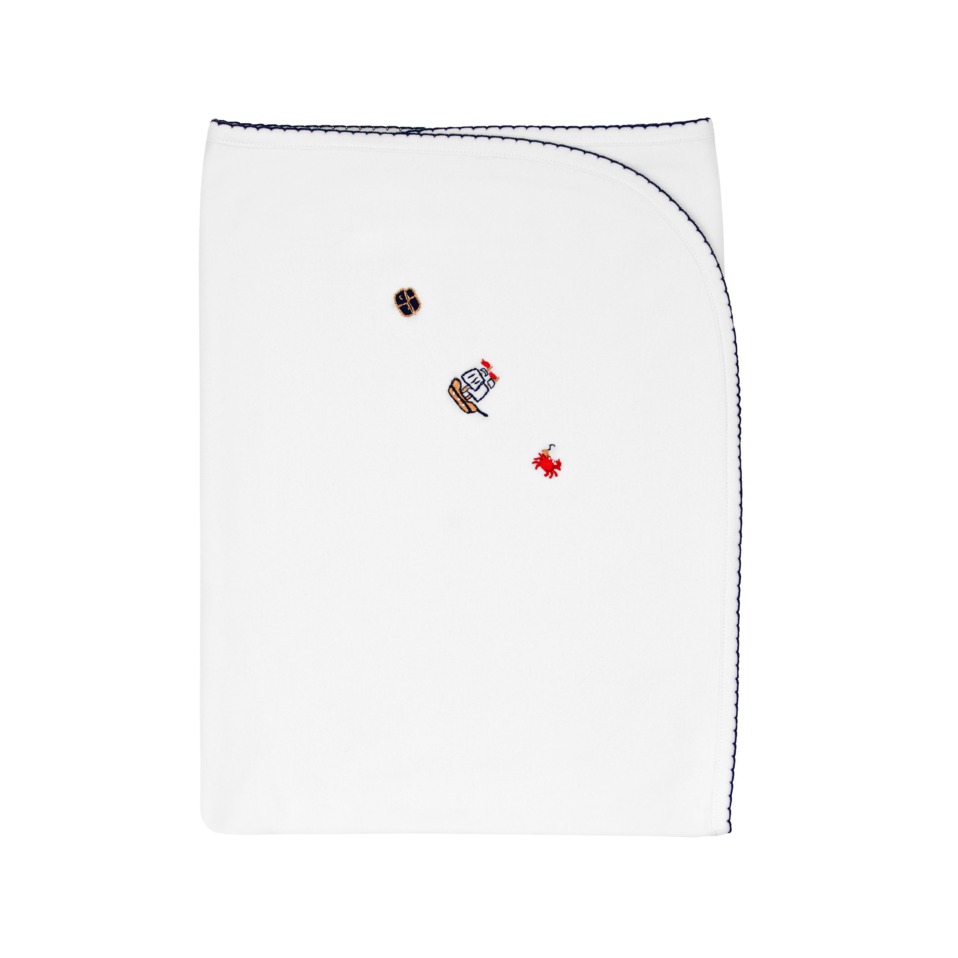  Soft baby boy blanket in organic Peruvian Pima cotton with hand-embroidered pirate island theme — artisan-crafted and hypoallergenic.