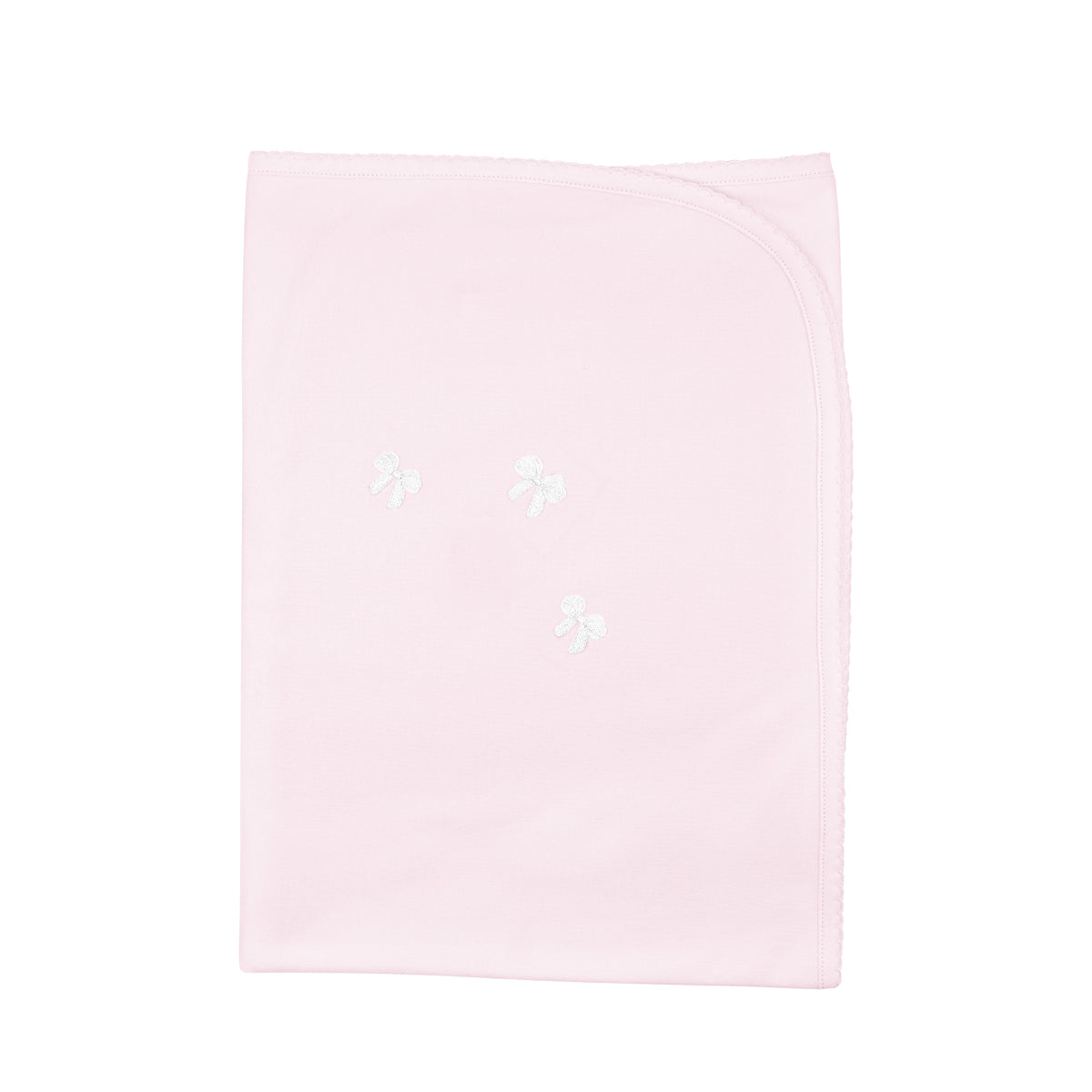  Elegant baby girl blanket with delicate striped bows hand-embroidered on Peruvian Pima cotton — soft, breathable, and made by artisans.
