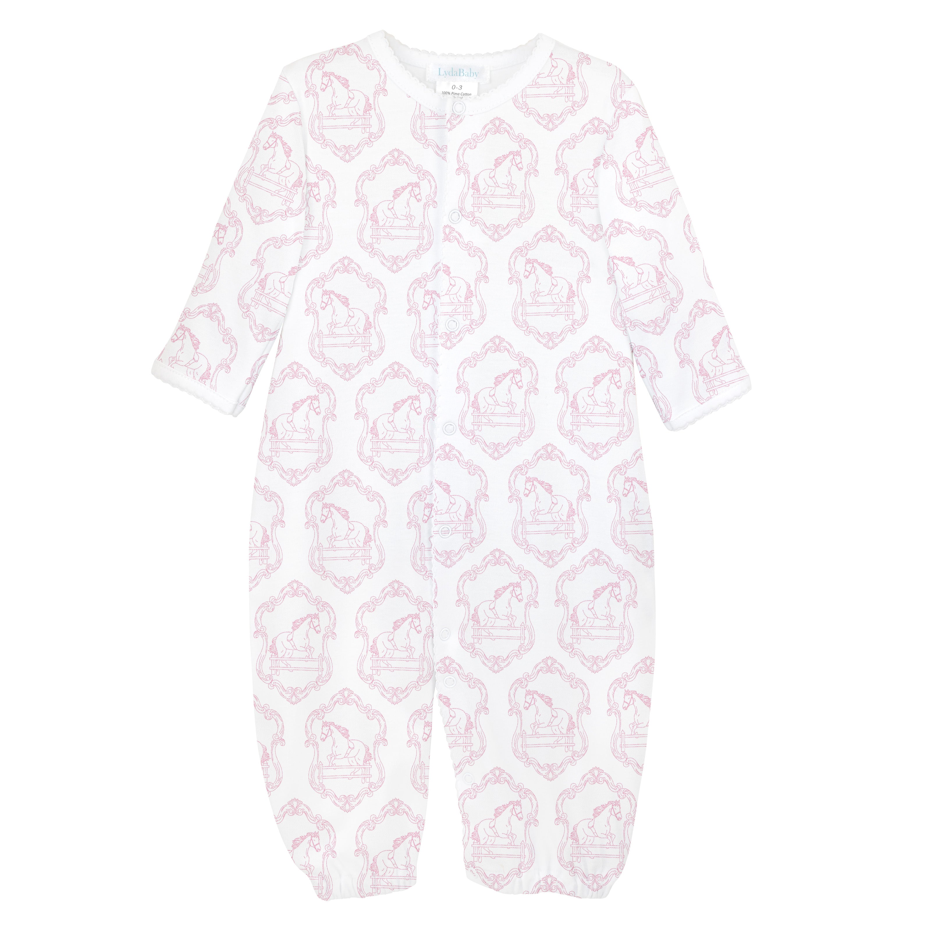Luxury newborn converter gown featuring a classic checkered horse print crafted from premium Peruvian Pima cotton for exceptional softness and comfort.