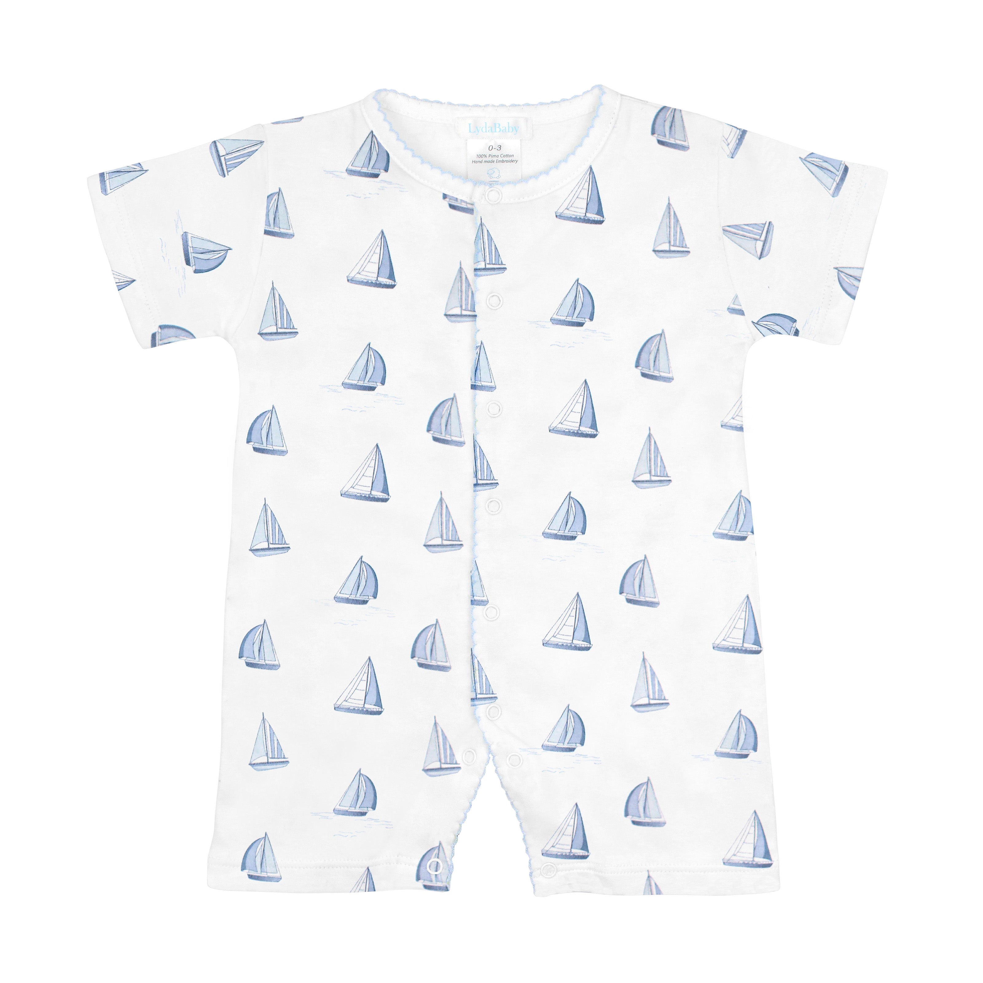 Baby boy short romper with sailboat print made from breathable Peruvian Pima cotton