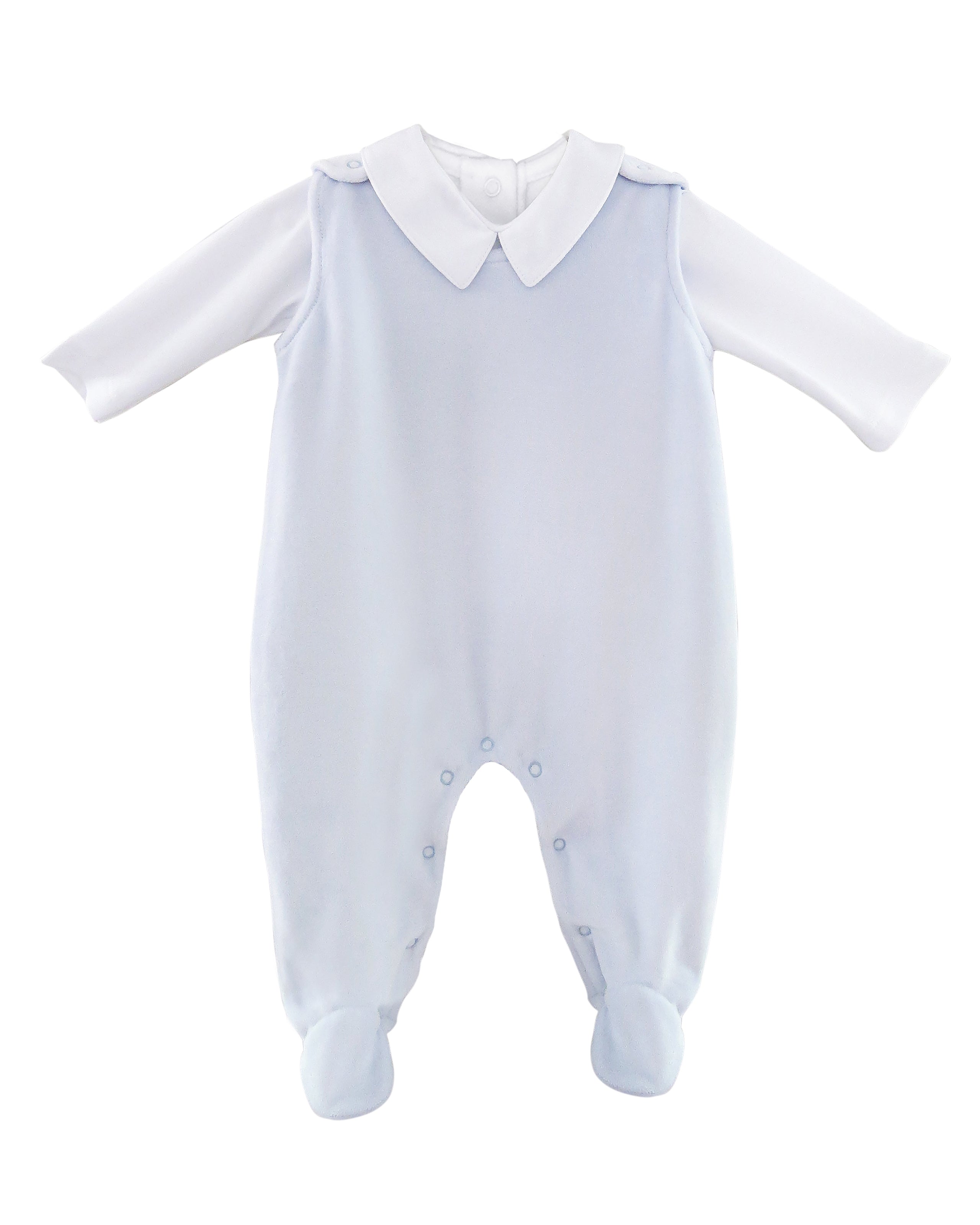  Light blue baby boy velour jumper crafted from 85% Peruvian Pima cotton — super soft, cozy, and designed with snap closures for easy changes.