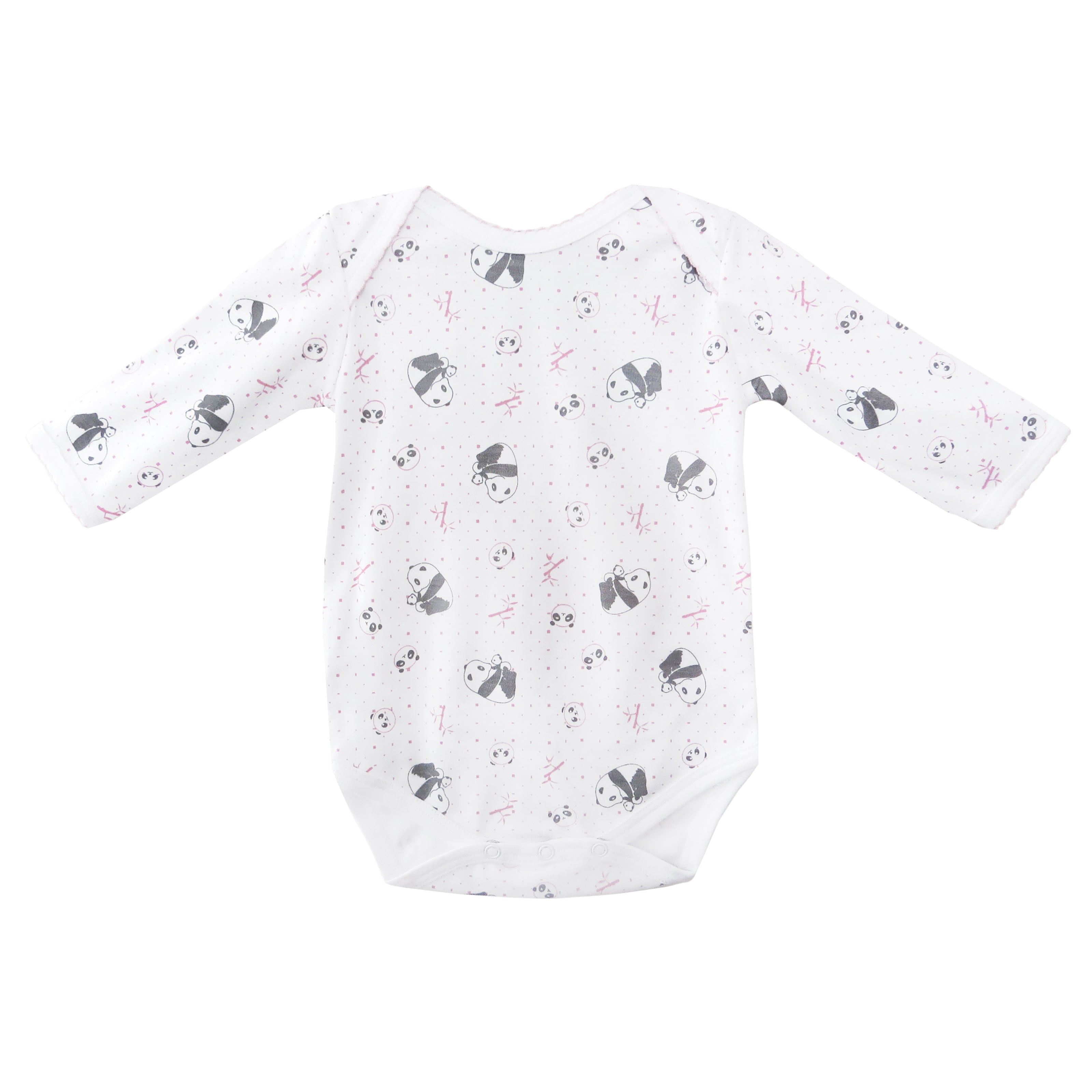Long sleeve baby bodysuit in Peruvian Pima cotton with panda bear print and snap bottom — soft, breathable, and perfect for cozy everyday wear.