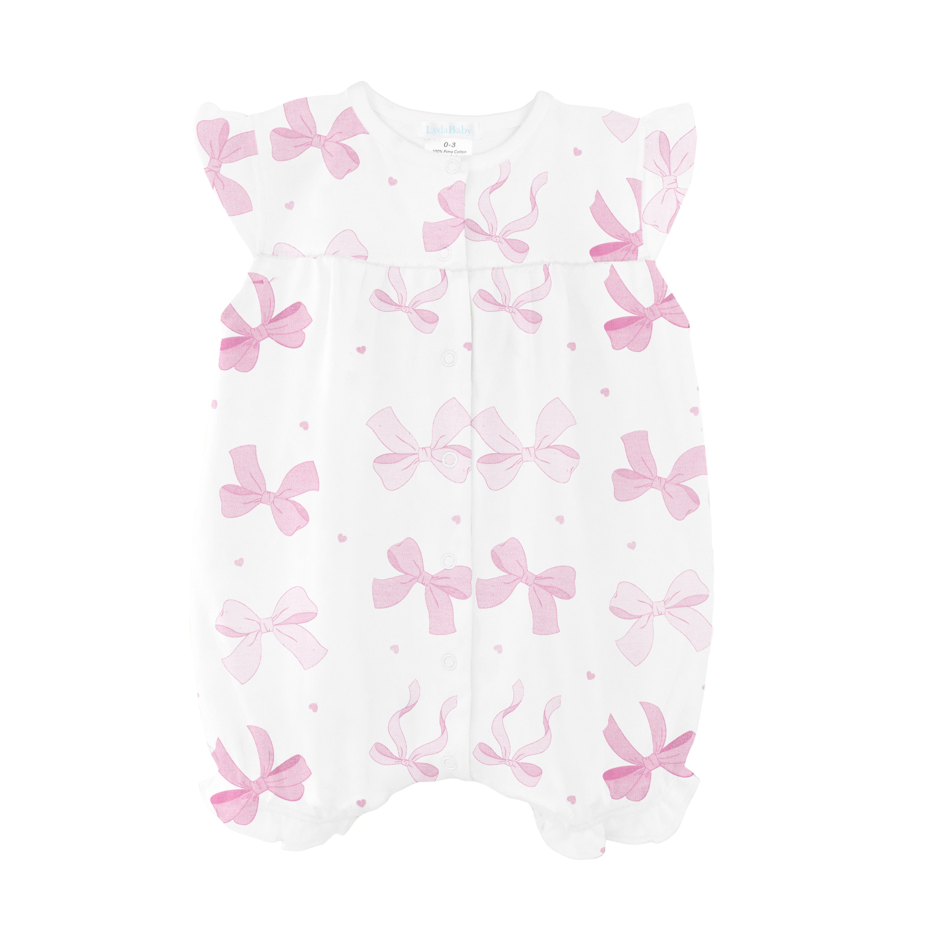lydababy, Baby girl short romper with pink bow print and flutter sleeves in soft Peruvian Pima cotton.