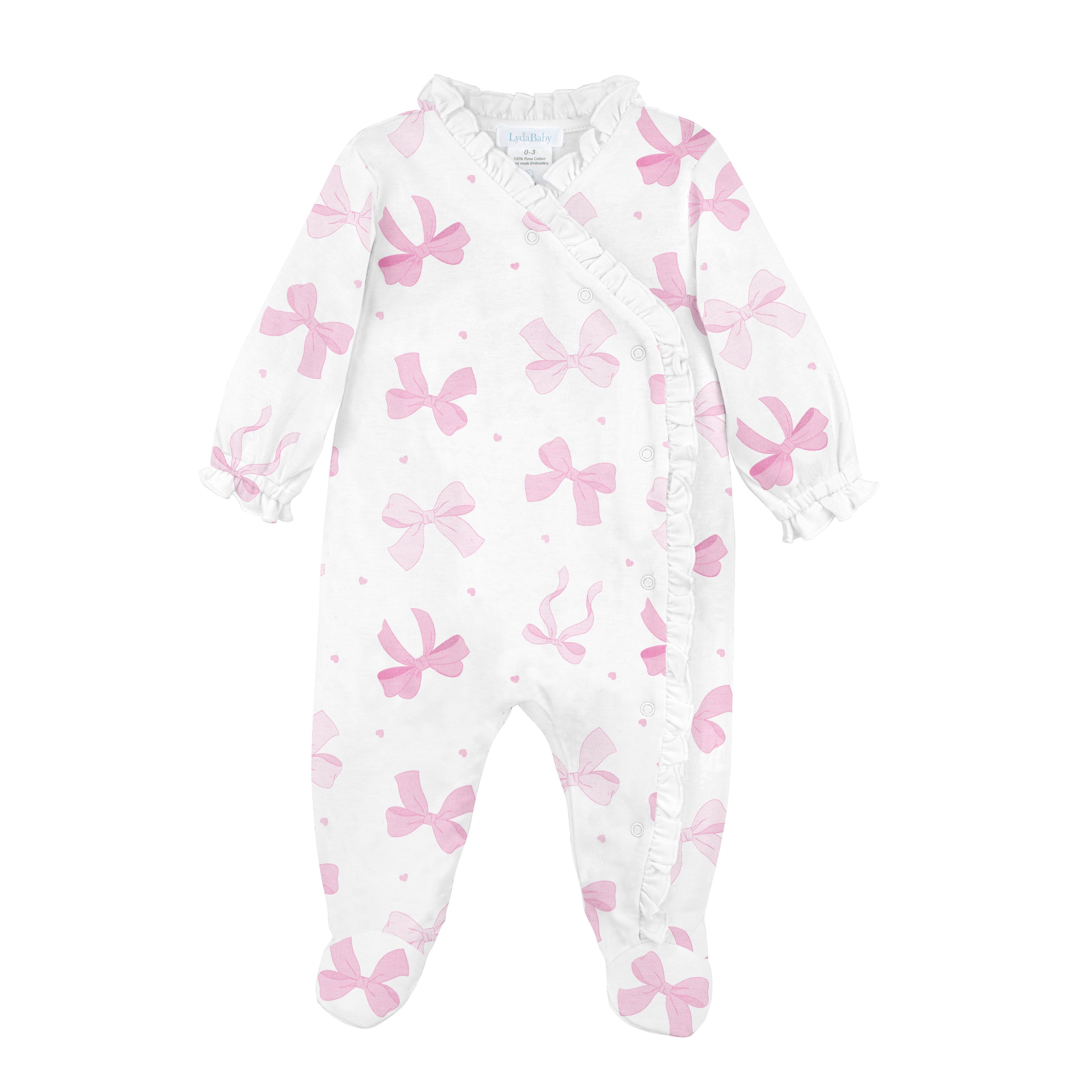 Baby girl cross snap footie with pink bow print and ruffle details made from Peruvian Pima cotton.