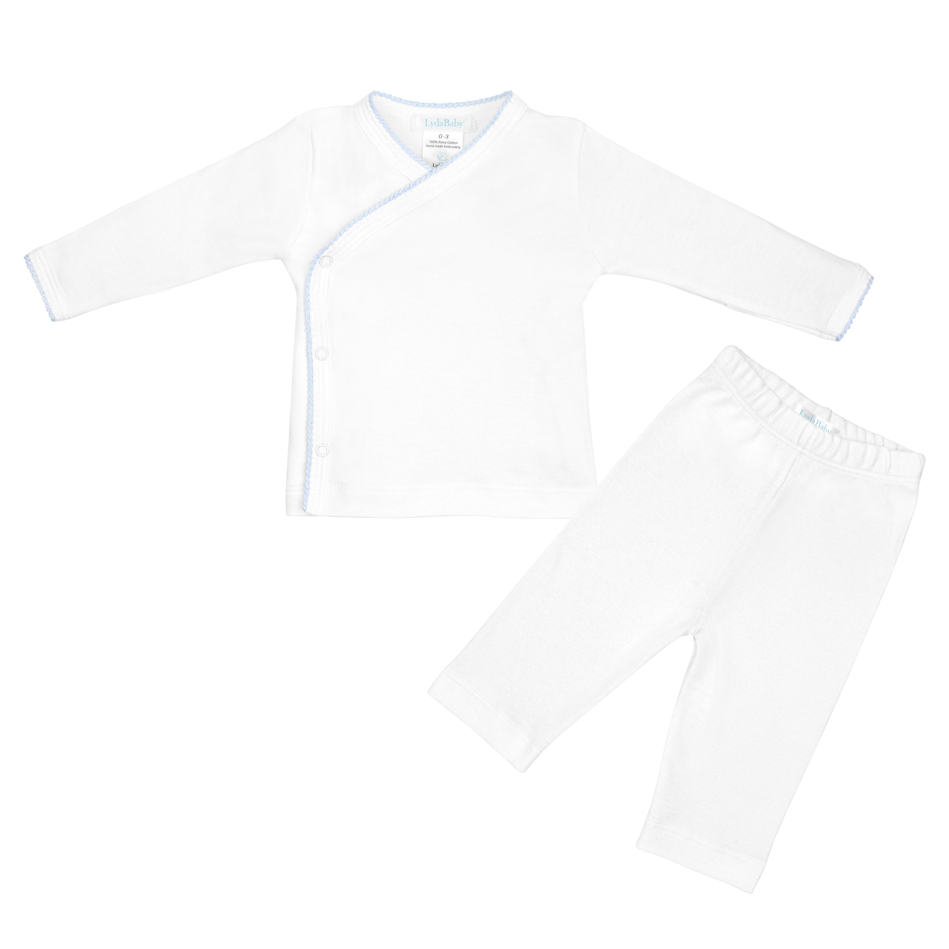 Luxury baby boy 2-piece set in Peruvian Pima cotton with hand embroidery and crochet chest detail
