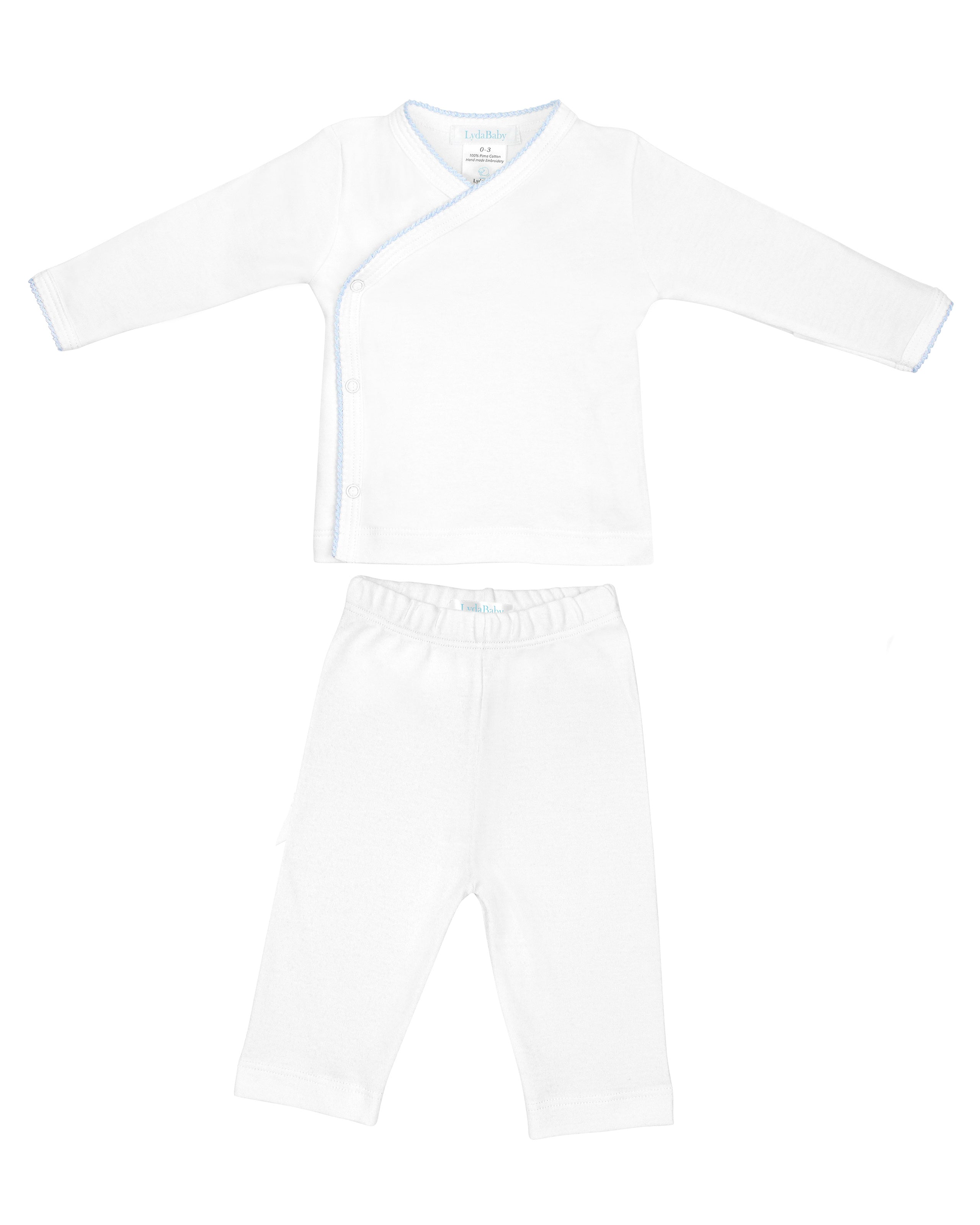 Luxury baby boy 2-piece set in Peruvian Pima cotton with hand embroidery and crochet chest detail