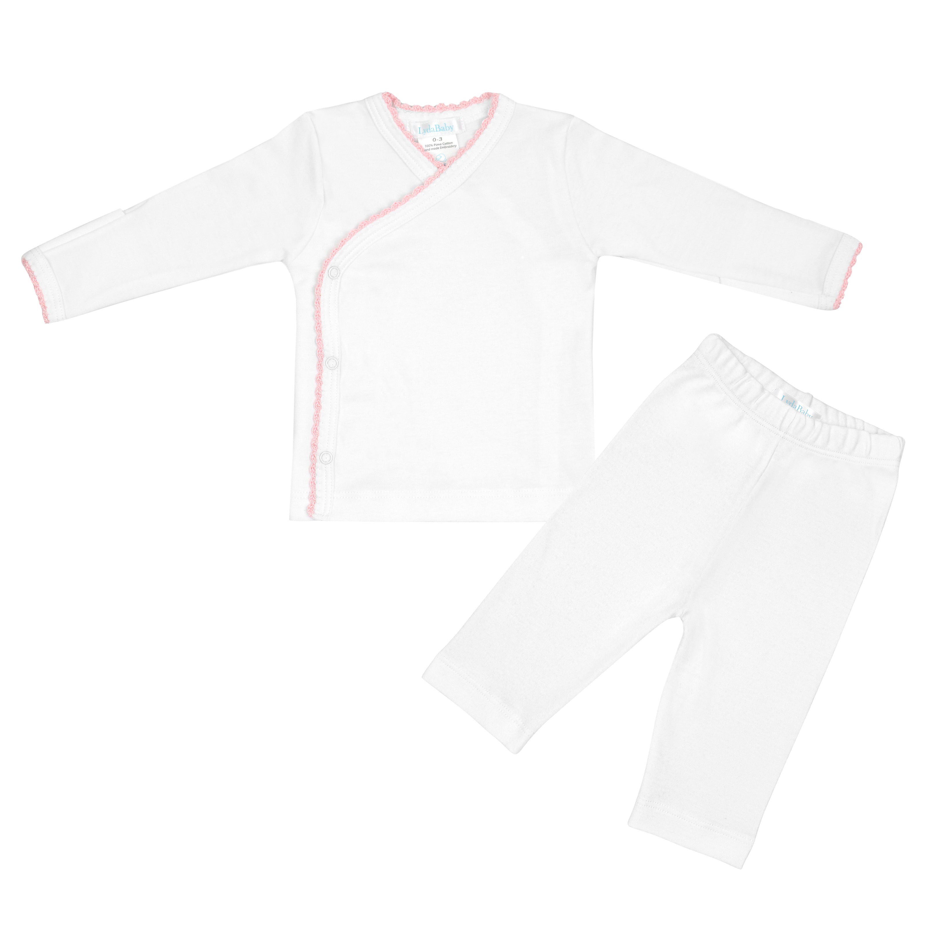 Luxury baby girl 2-piece set in Peruvian Pima cotton with hand embroidery and crochet chest detail