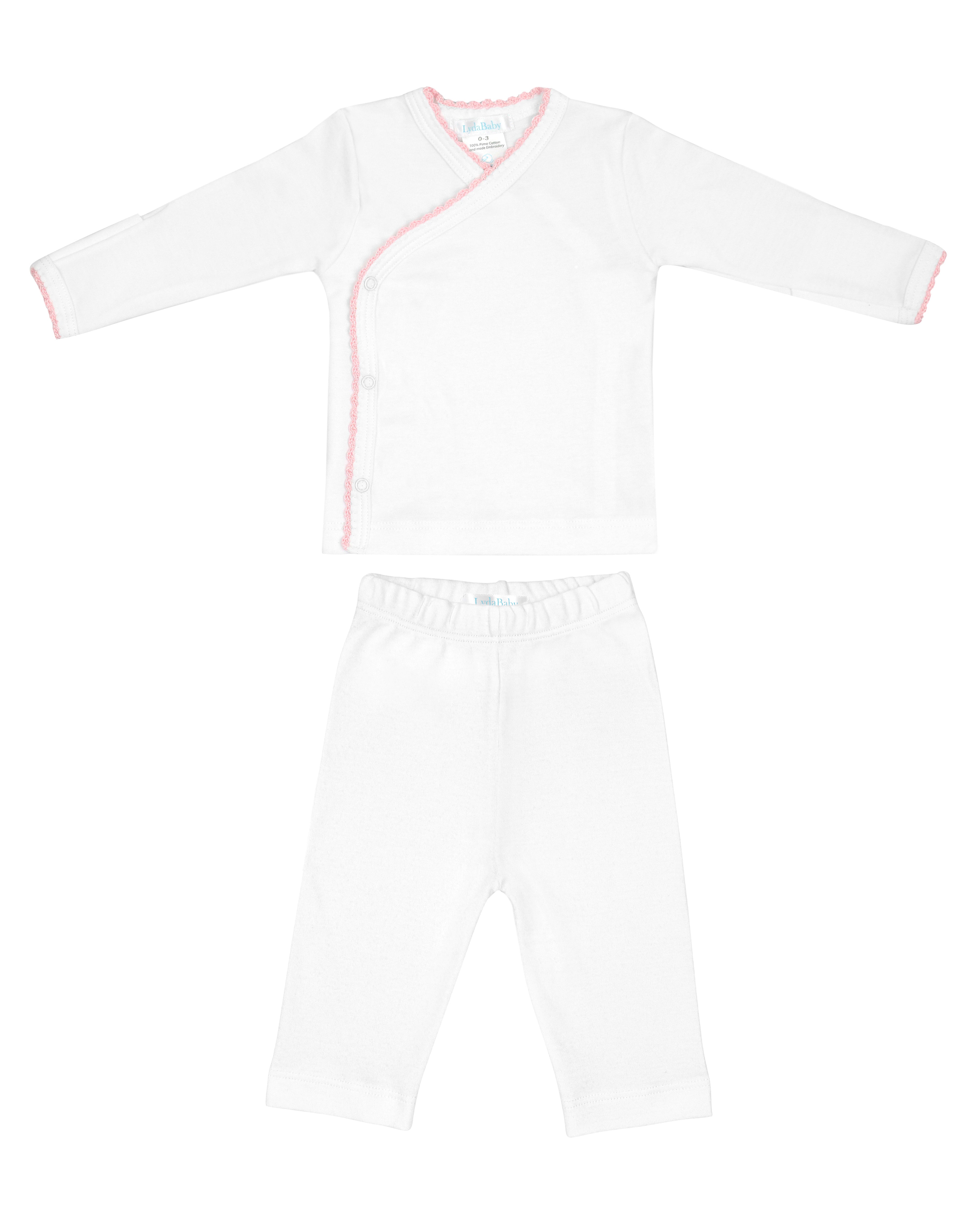 Luxury baby girl 2-piece set in Peruvian Pima cotton with hand embroidery and crochet chest detail
