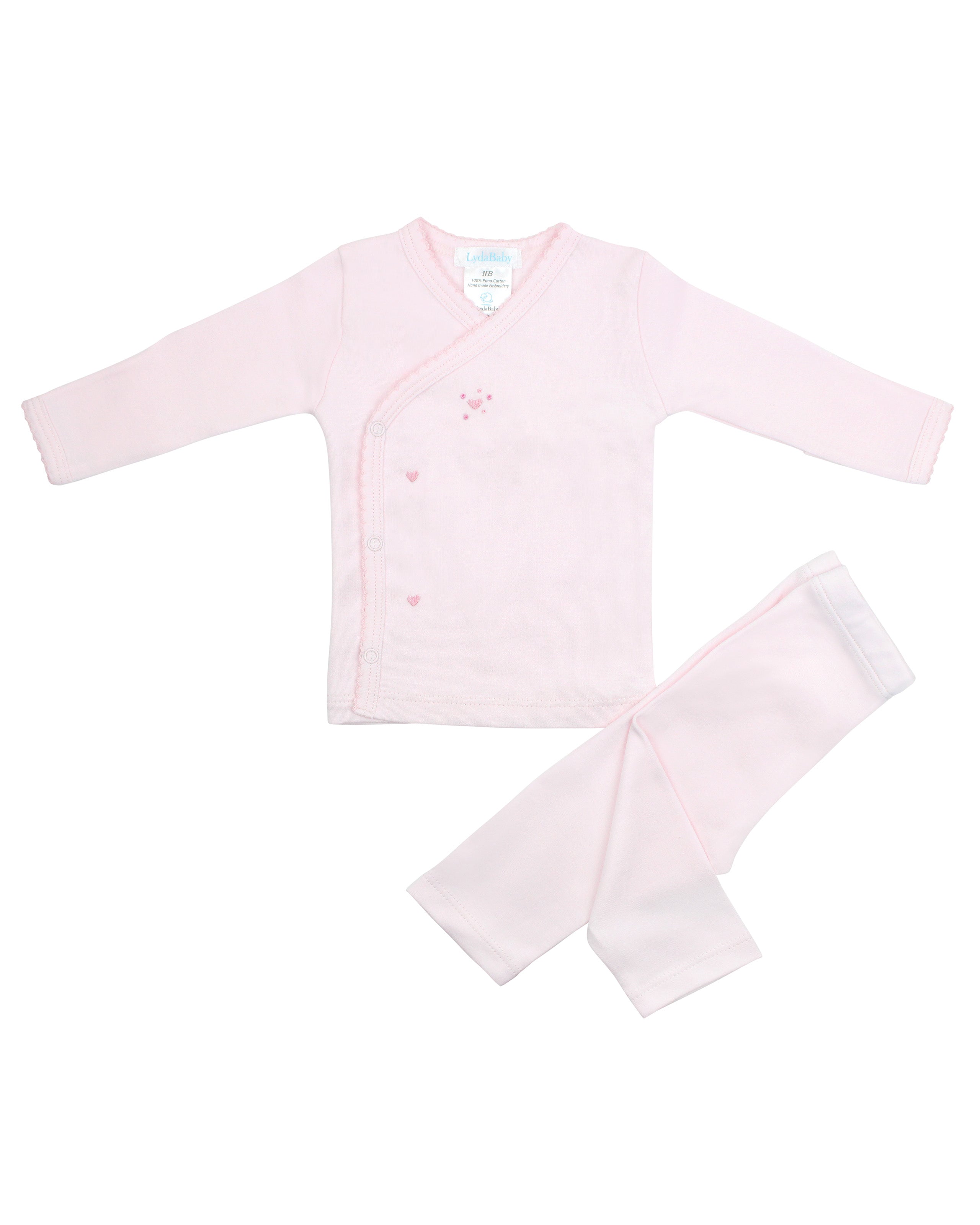 Luxury baby girl 2-piece set in Peruvian Pima cotton with hand embroidery and pink bubble hearts design