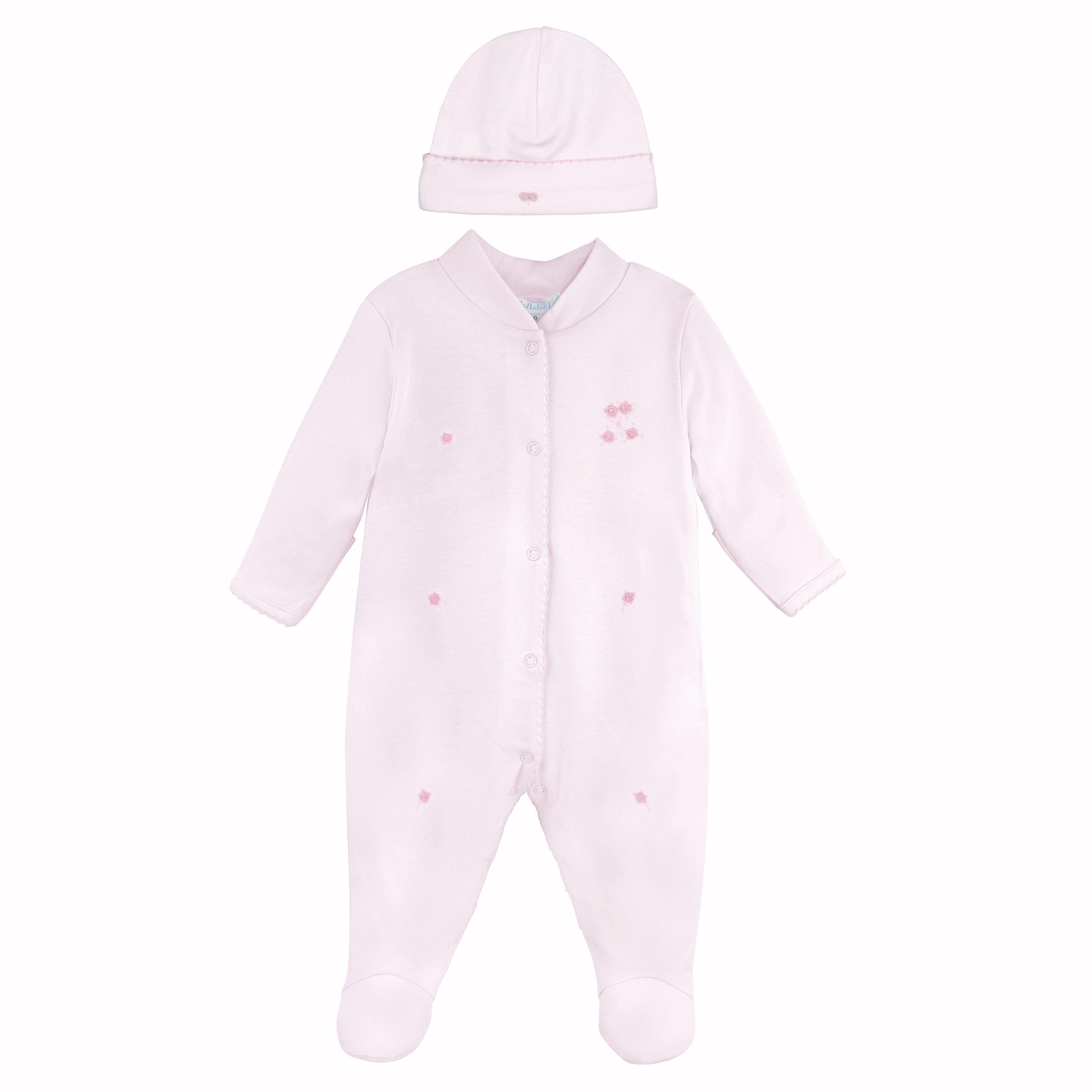 Elegant 2-piece baby girl set in premium Peruvian Pima cotton, featuring delicate hand-embroidered roses on a cozy footie and matching hat — ultra-soft, breathable, and perfect for a timeless, feminine look.