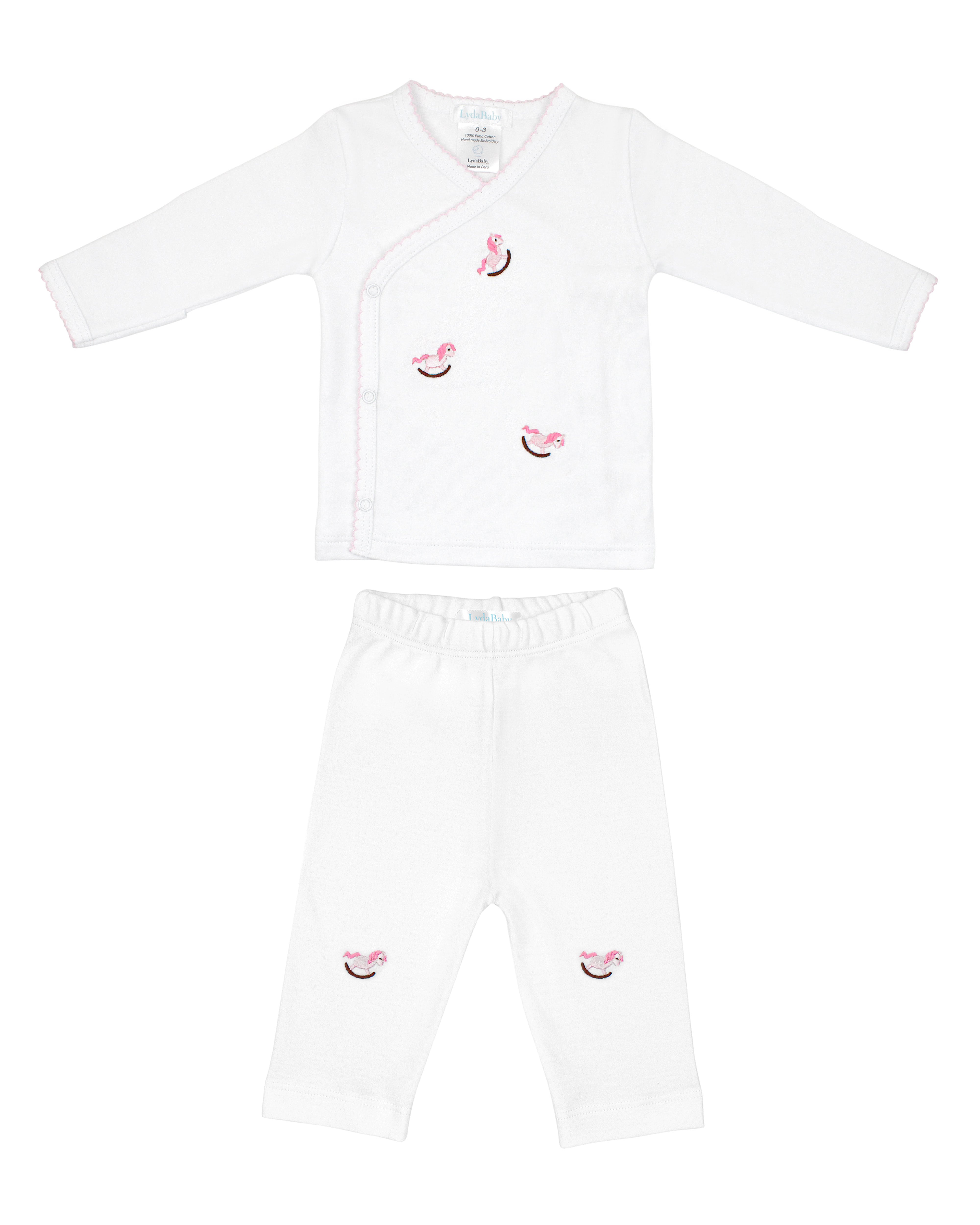 Luxury baby boy 2-piece set in Peruvian Pima cotton with hand embroidery and woodhorse motif
