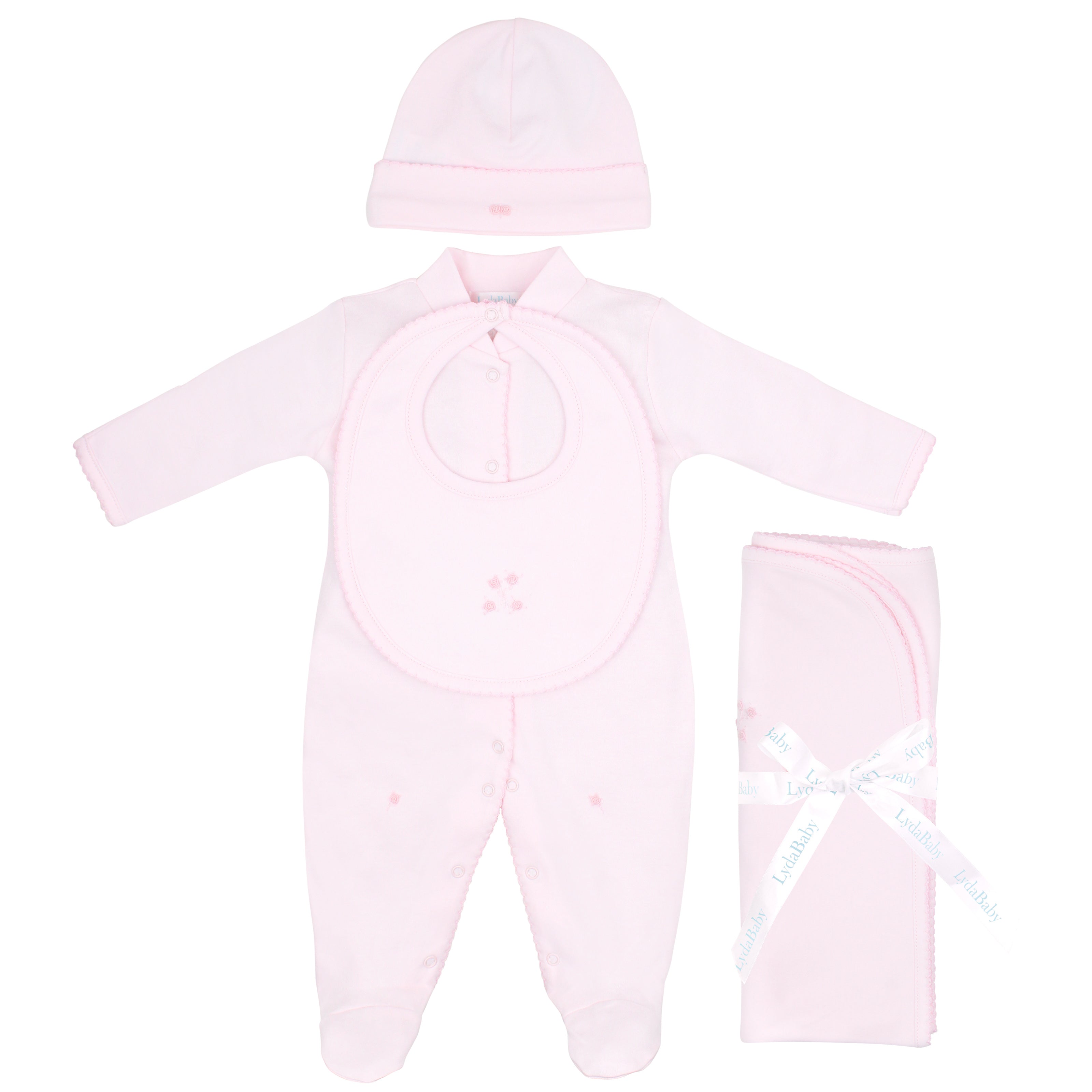 Luxurious 4-piece baby girl set crafted from the softest Peruvian Pima cotton, featuring delicate hand-embroidered roses on footie, hat, bib, and blanket — perfect for a refined, cozy, and elegant newborn layette.