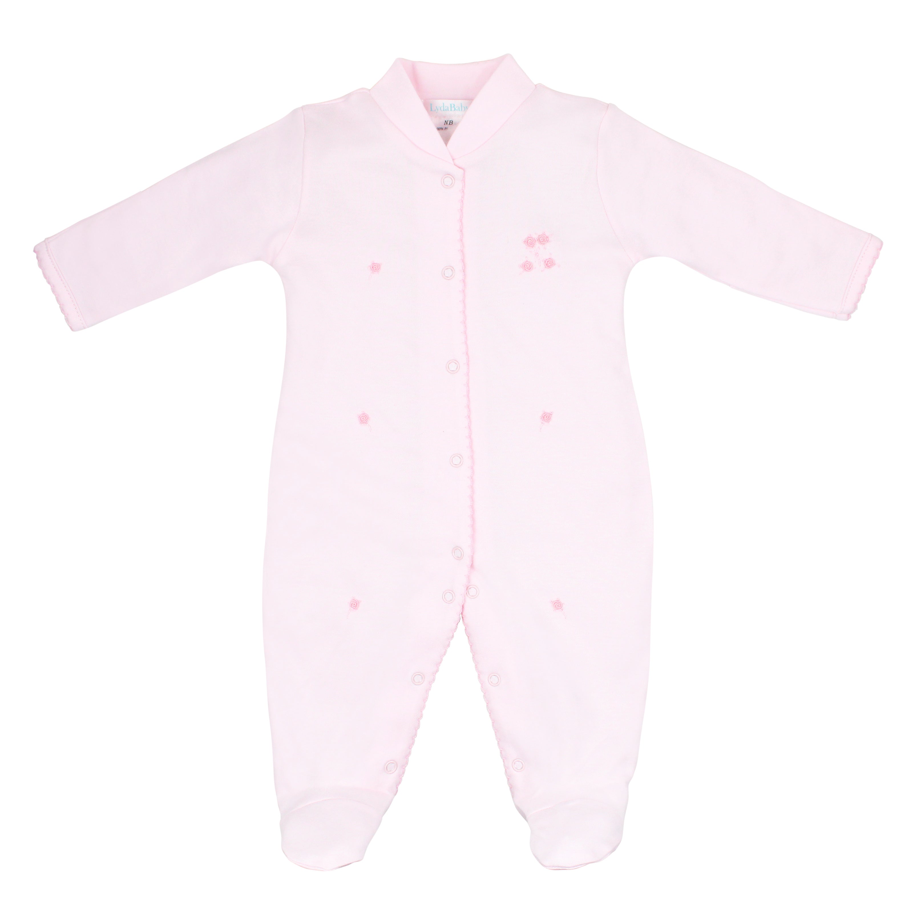 Luxurious 4-piece baby girl set crafted from the softest Peruvian Pima cotton, featuring delicate hand-embroidered roses on footie, hat, bib, and blanket — perfect for a refined, cozy, and elegant newborn layette.