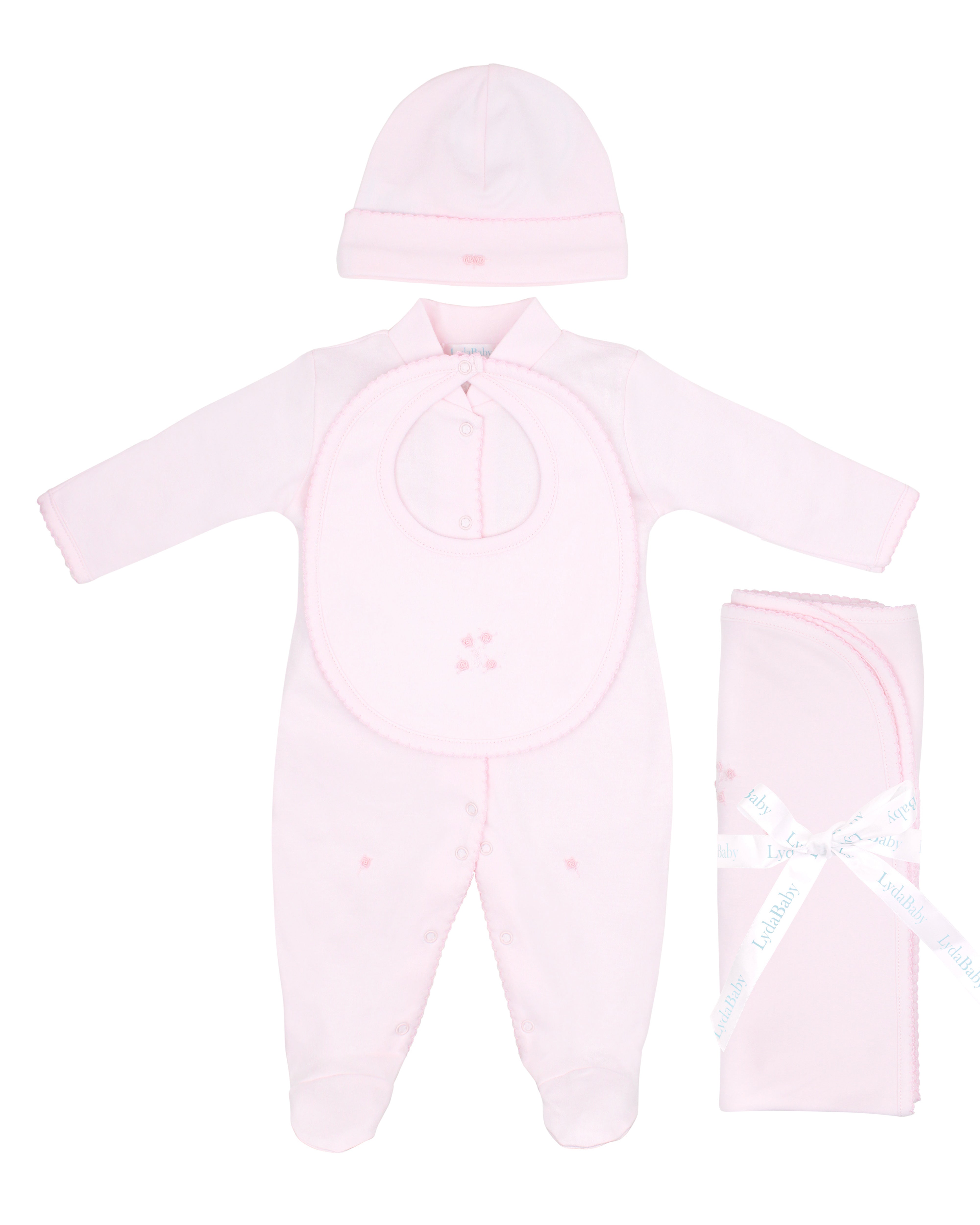Luxurious 4-piece baby girl set crafted from the softest Peruvian Pima cotton, featuring delicate hand-embroidered roses on footie, hat, bib, and blanket — perfect for a refined, cozy, and elegant newborn layette.