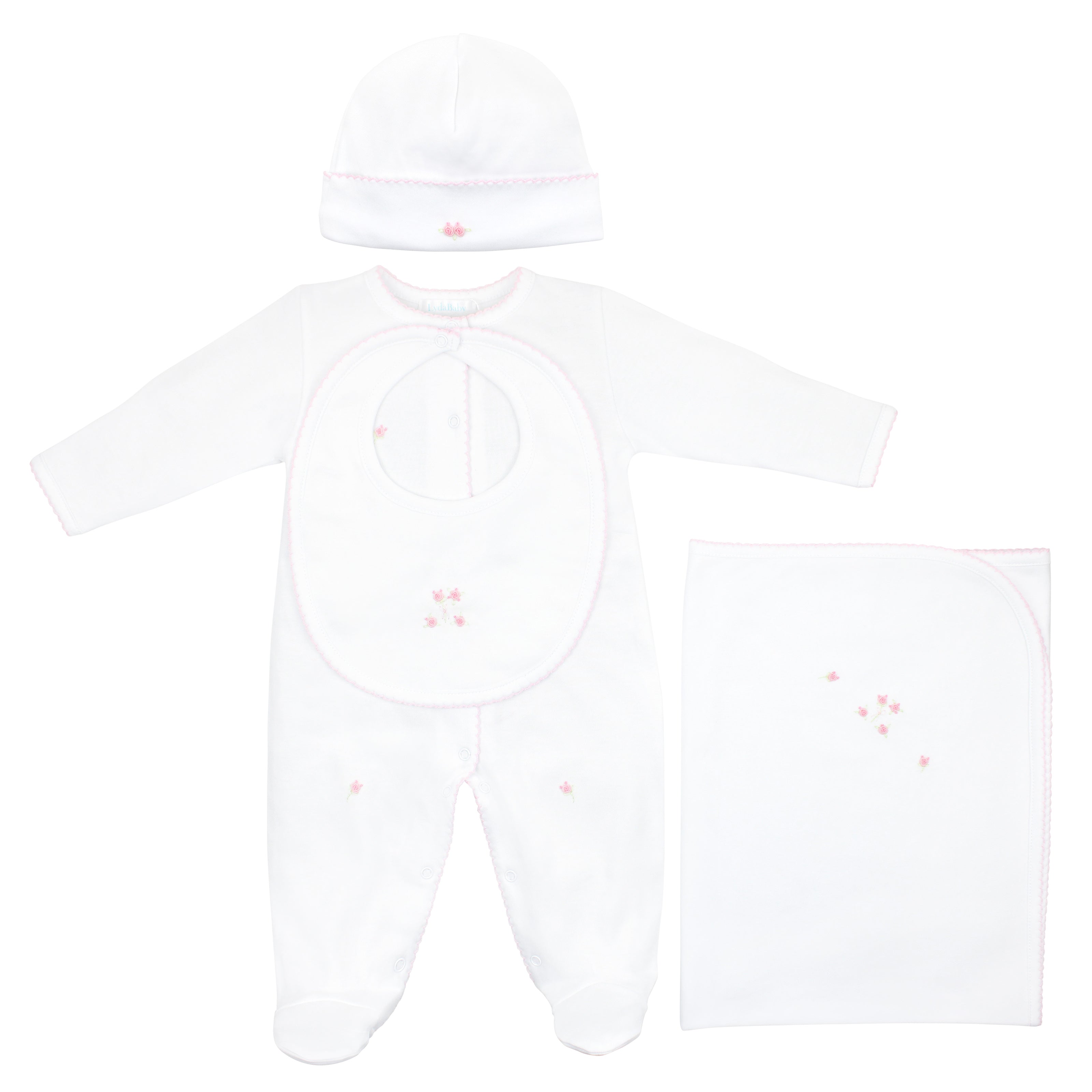 Refined 4-piece baby girl set in pure white Peruvian Pima cotton, featuring hand-embroidered pink roses on footie, hat, bib, and blanket — ultra-soft, breathable, and ideal for special occasions or elegant everyday wear.