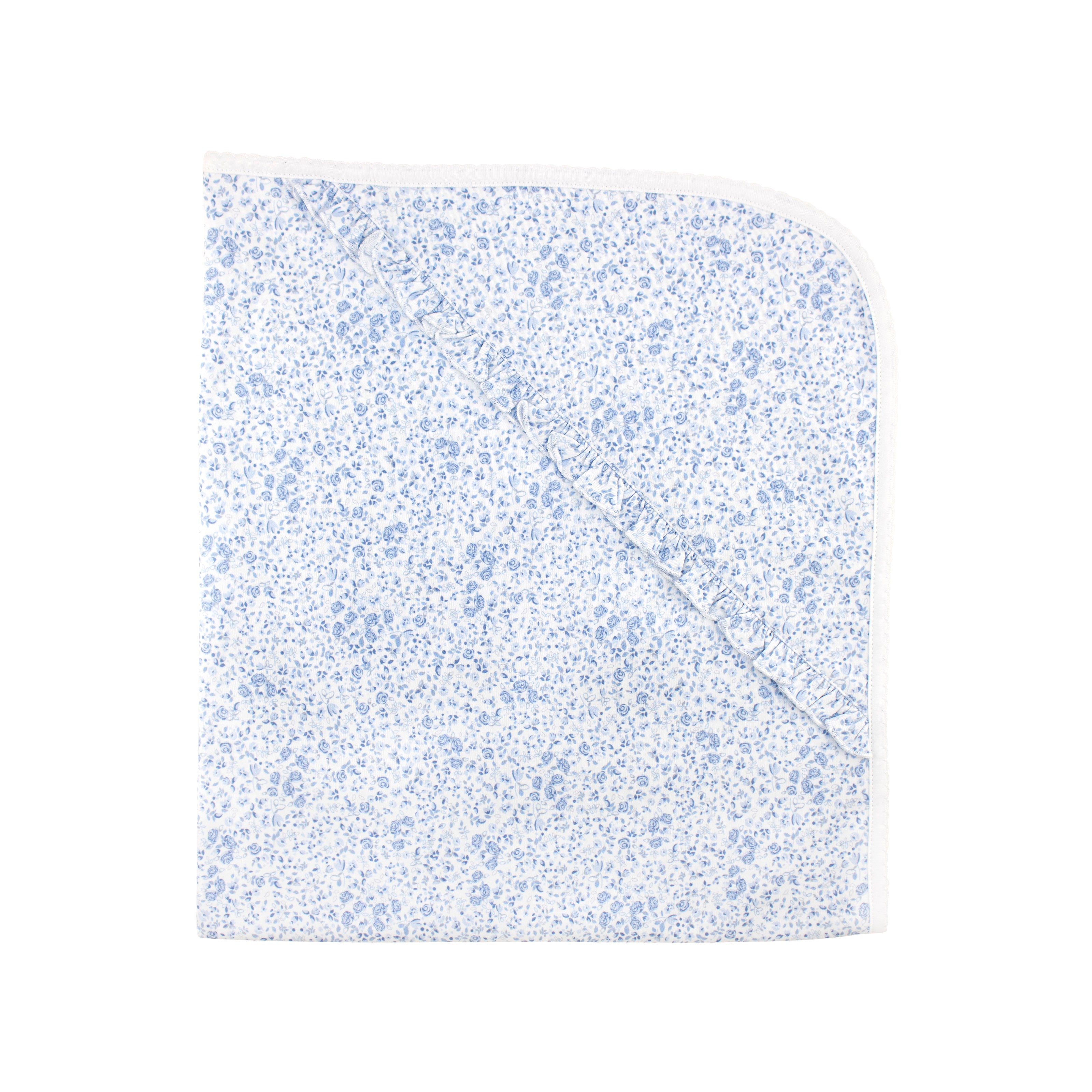 Elegant baby girl blanket made from premium Peruvian Pima cotton with a delicate blue roses design — soft, breathable, and hypoallergenic.
