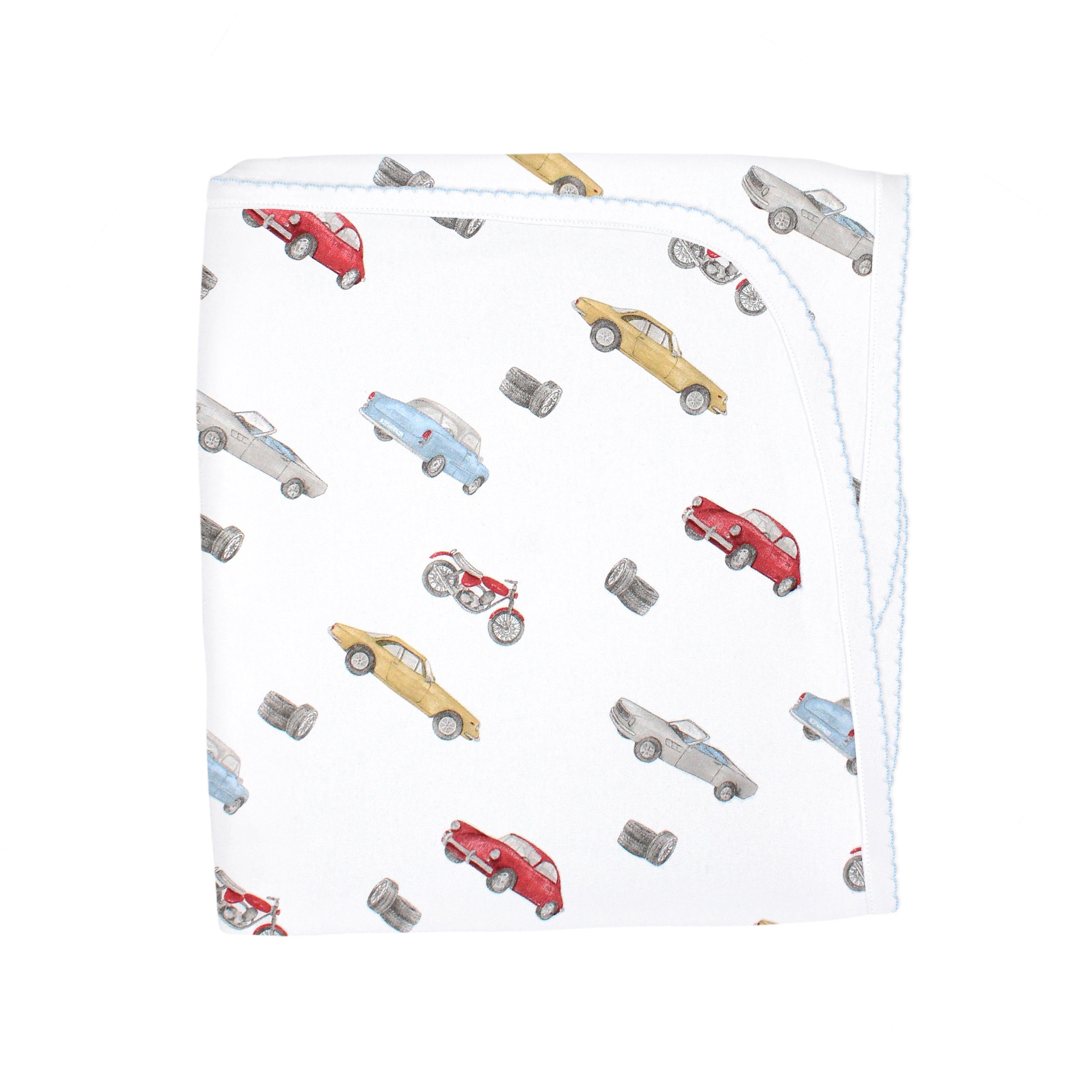 Premium Peruvian Pima cotton baby boy blanket with colorful vehicle print — breathable, soft, and perfect for motor-loving little ones.