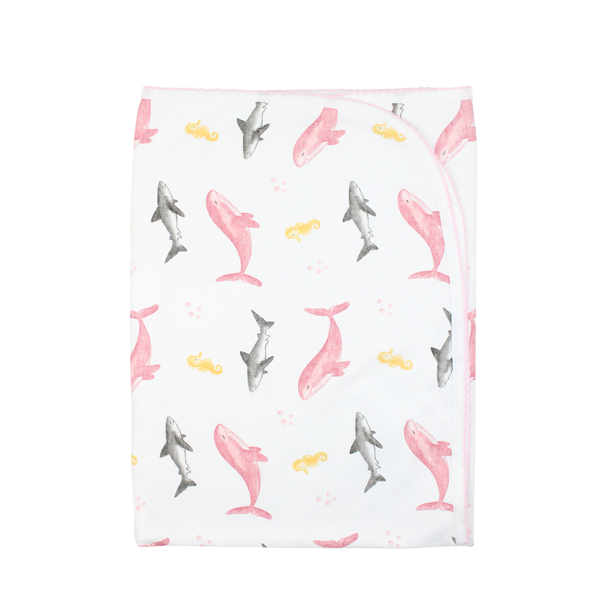 Luxury baby girl blanket made from soft Peruvian Pima cotton with adorable sea animal illustrations — breathable and safe for sensitive skin.
