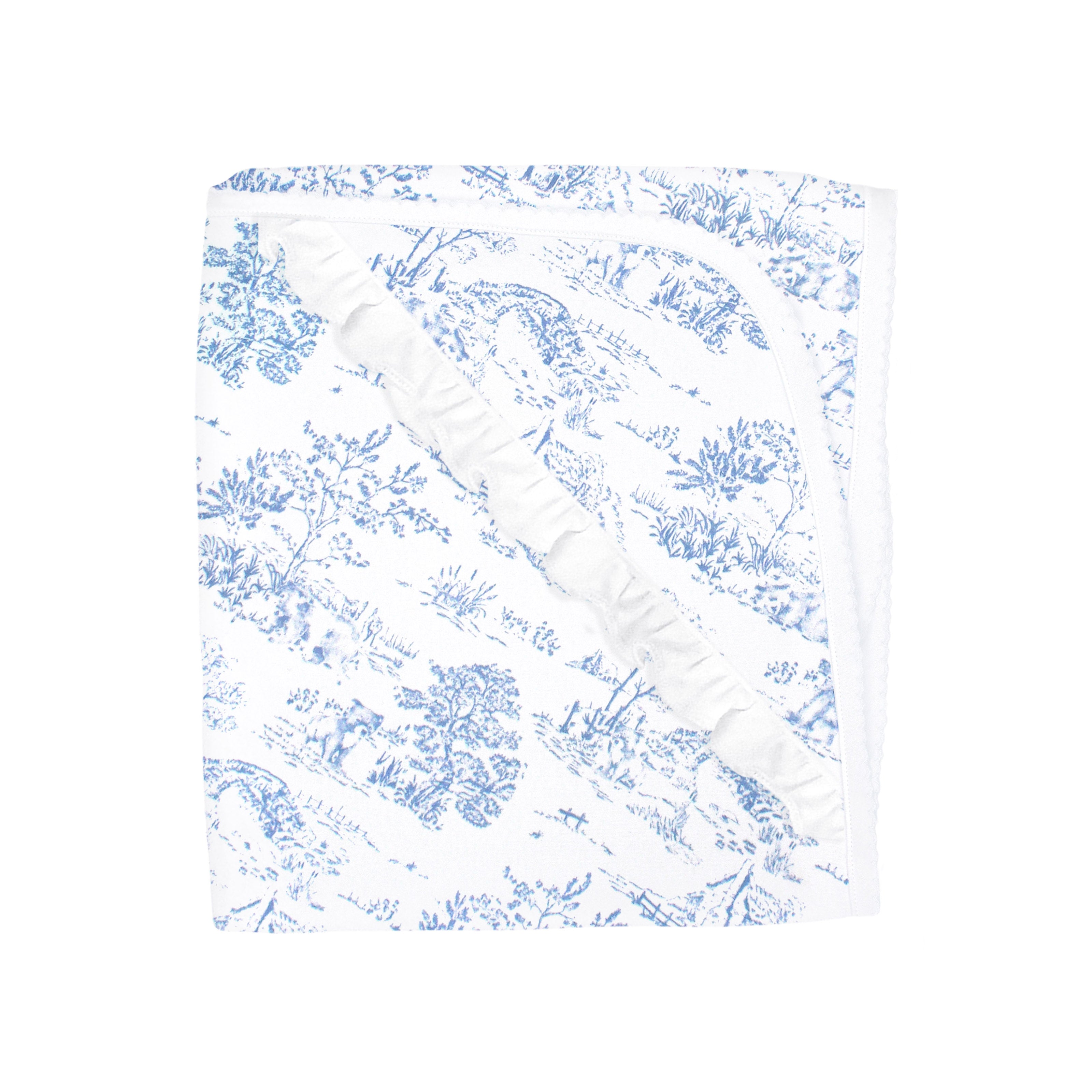 Elegant baby girl blanket made from Peruvian Pima cotton with classic Toile de Jouy blue print — breathable, soft, and perfect for delicate skin.
