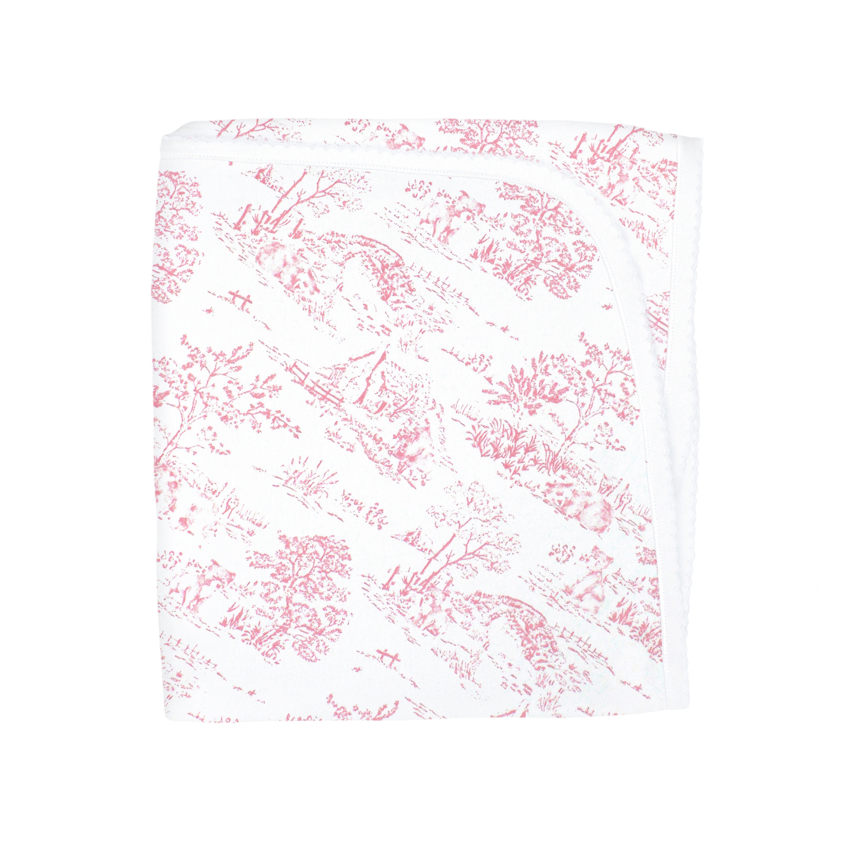  Elegant baby girl blanket made from Peruvian Pima cotton with classic Toile de Jouy pink print — breathable, soft, and perfect for delicate skin.