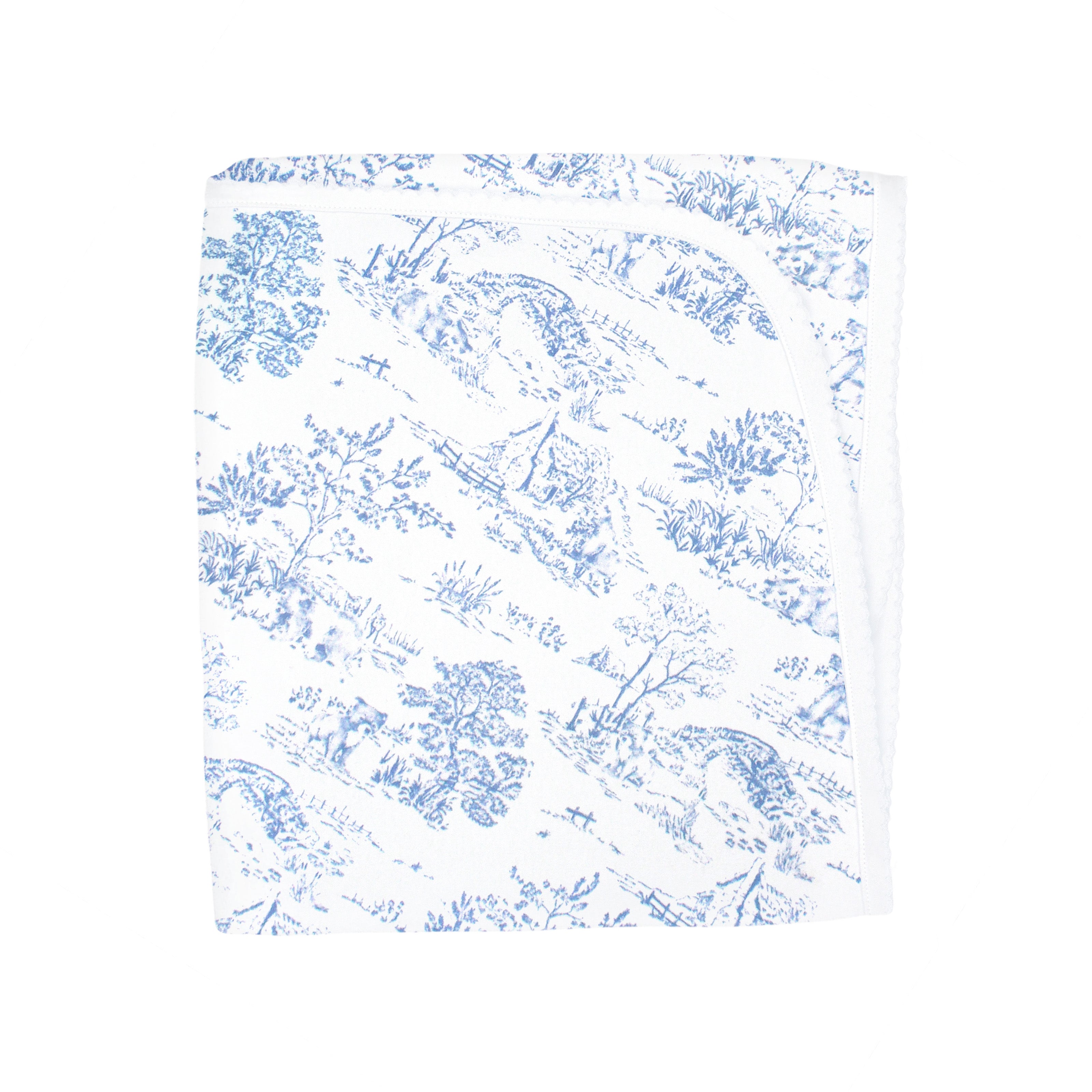 Elegant baby girl blanket made from Peruvian Pima cotton with classic Toile de Jouy print — breathable, soft, and perfect for delicate skin.
