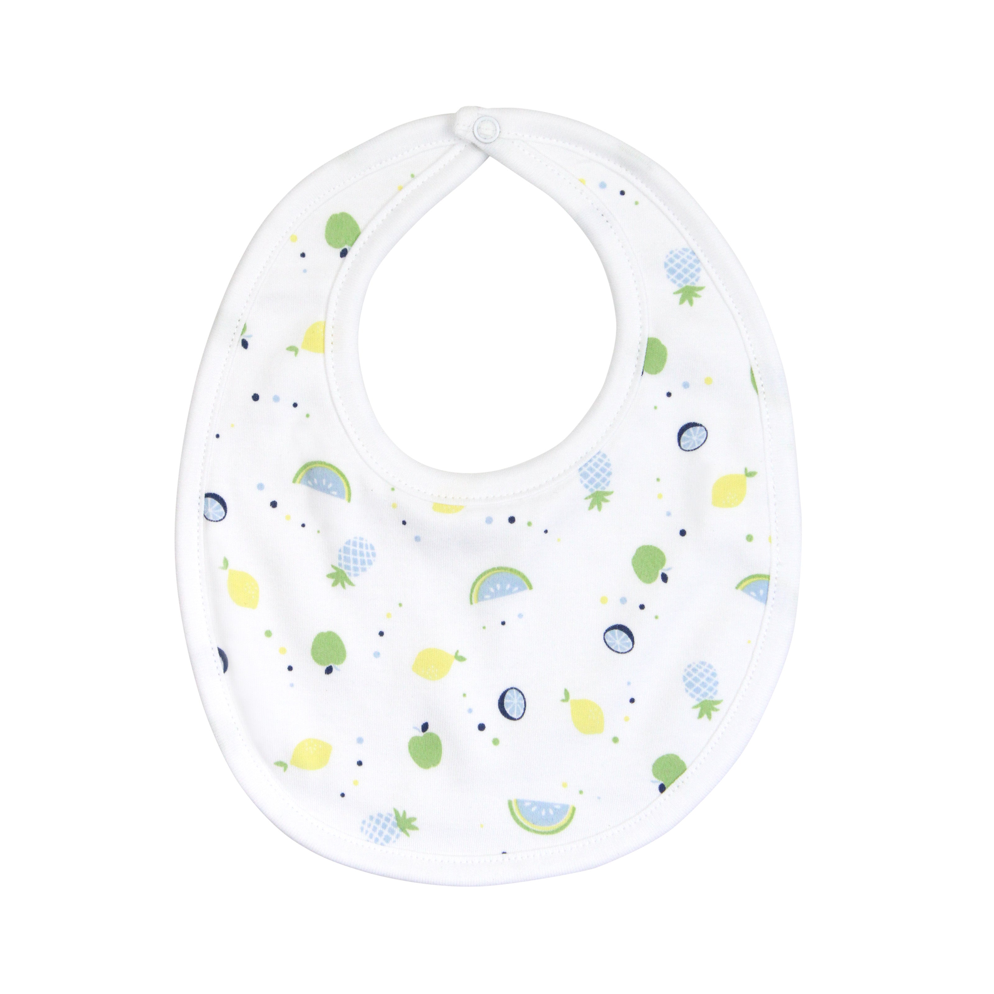 Fresh baby boy bib printed with summer fruits design on premium Peruvian Pima cotton — soft, breathable, and baby-friendly.
